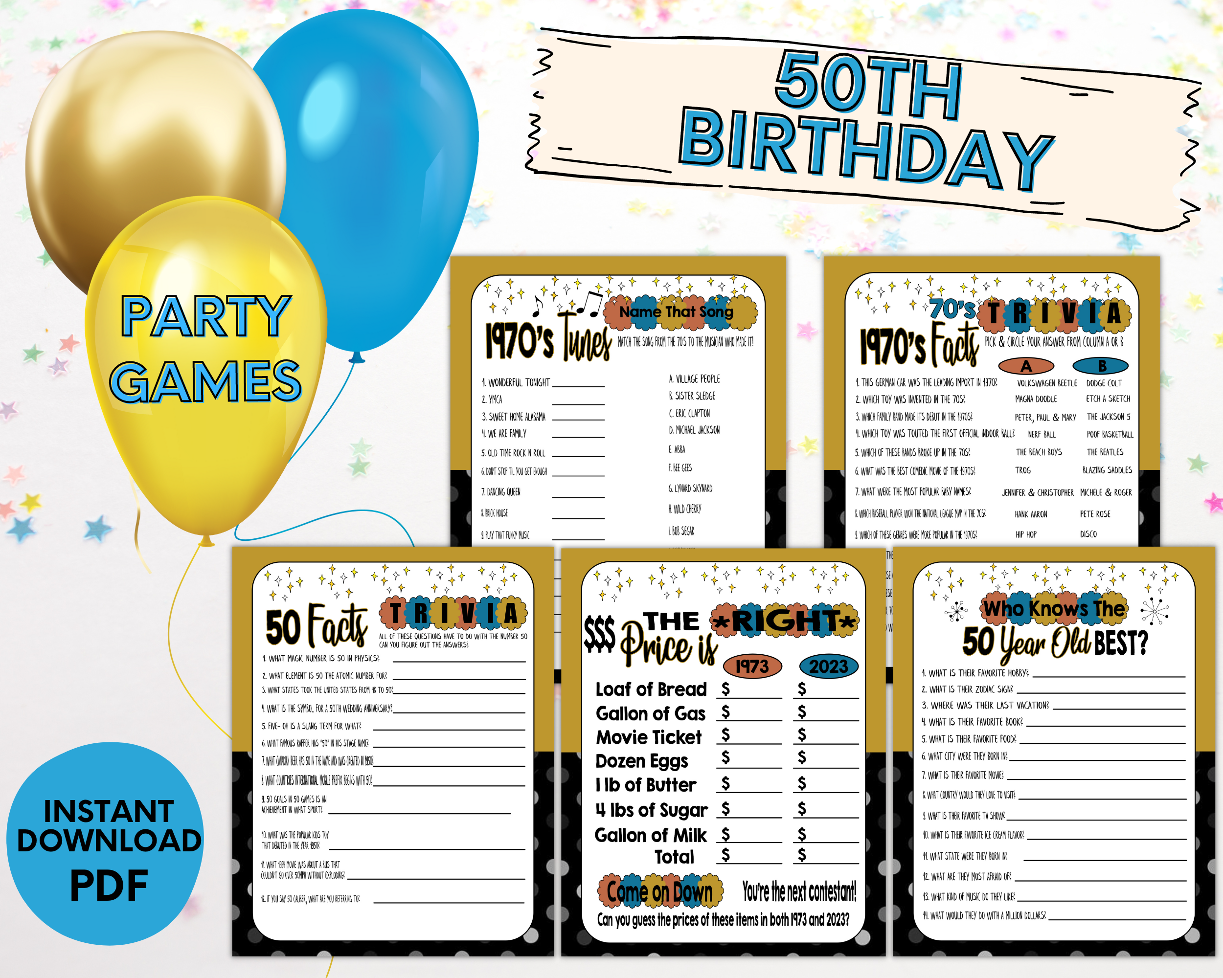 50th Birthday Party Printable 1973 Games, Ideas, Decorations, Turning 50 Activities, Instant Download