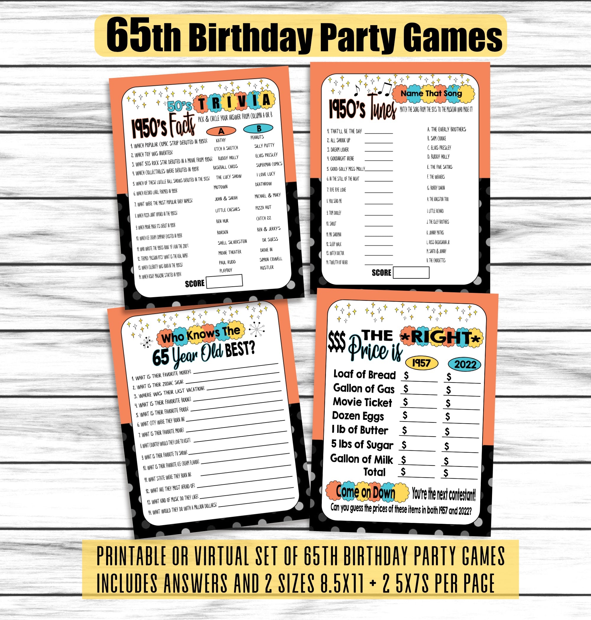 65th Birthday Party Games, 65th Birthday Ideas, 1957 Trivia Game, Price is Right Birthday Game, Printable or Virtual Games, Instant Download
