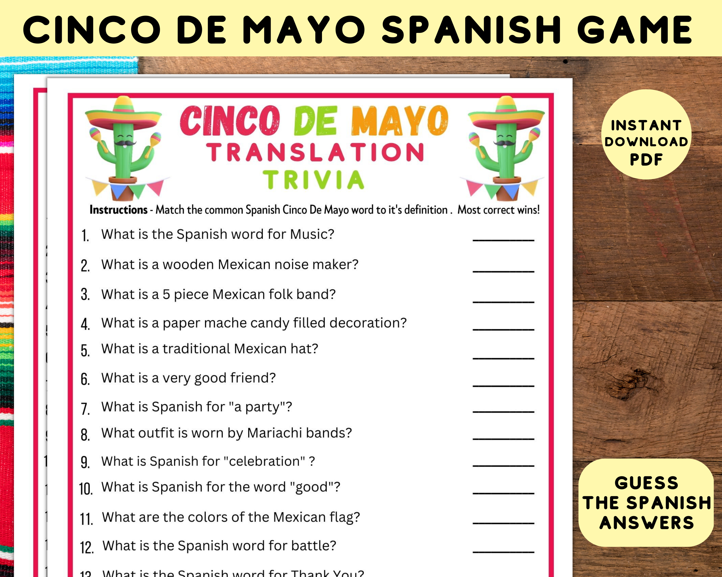 Printable Cinco De Mayo Spanish Trivia Game | Quiz For Kids & Adults | Classroom Idea | Work Party Activity | Translation Game