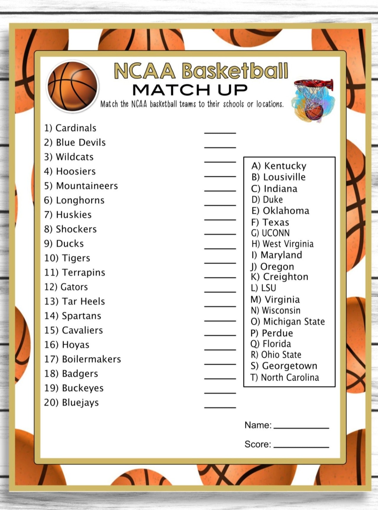 March Madness NCAA Matching Trivia  Party Game, College Basketball NCAA Game, Printable Or Virtual, Instant Download