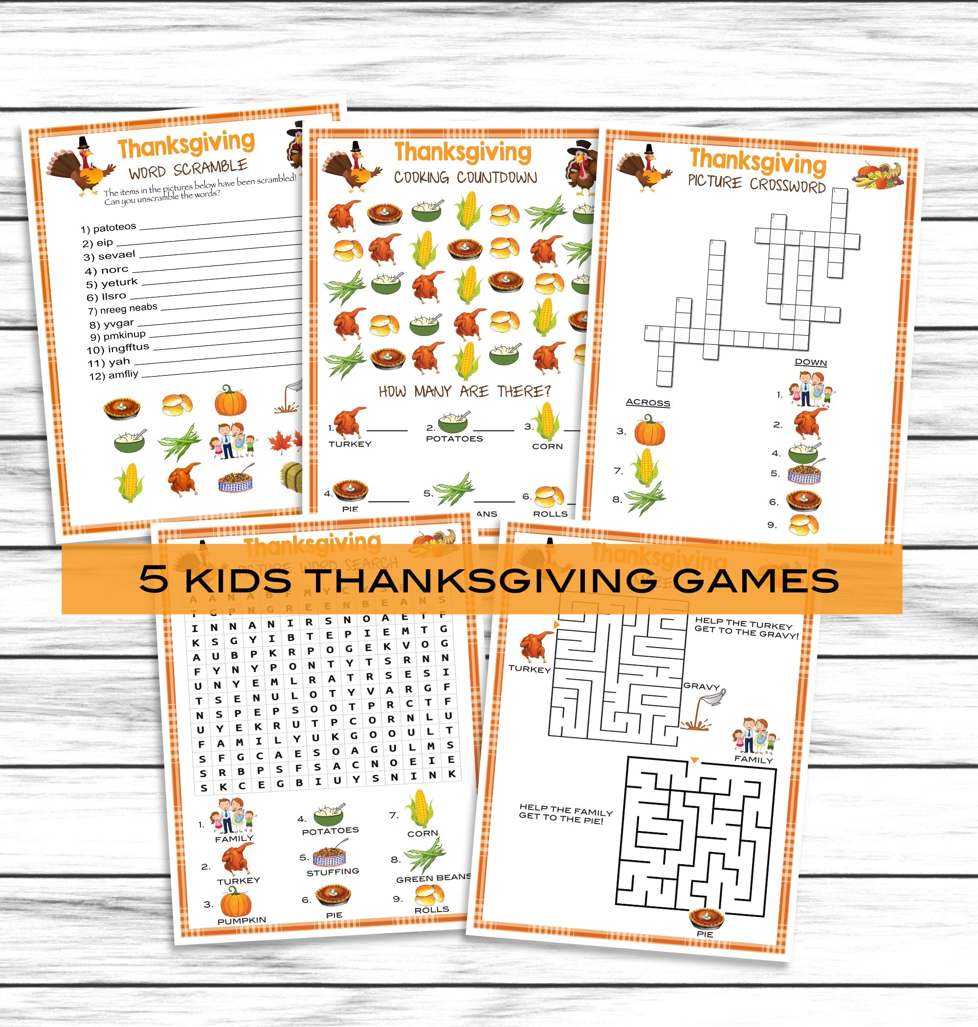Thanksgiving Friendsgiving Party Family Childrens Table Game Set, Printable Kids Activity Bundle, Instant Download