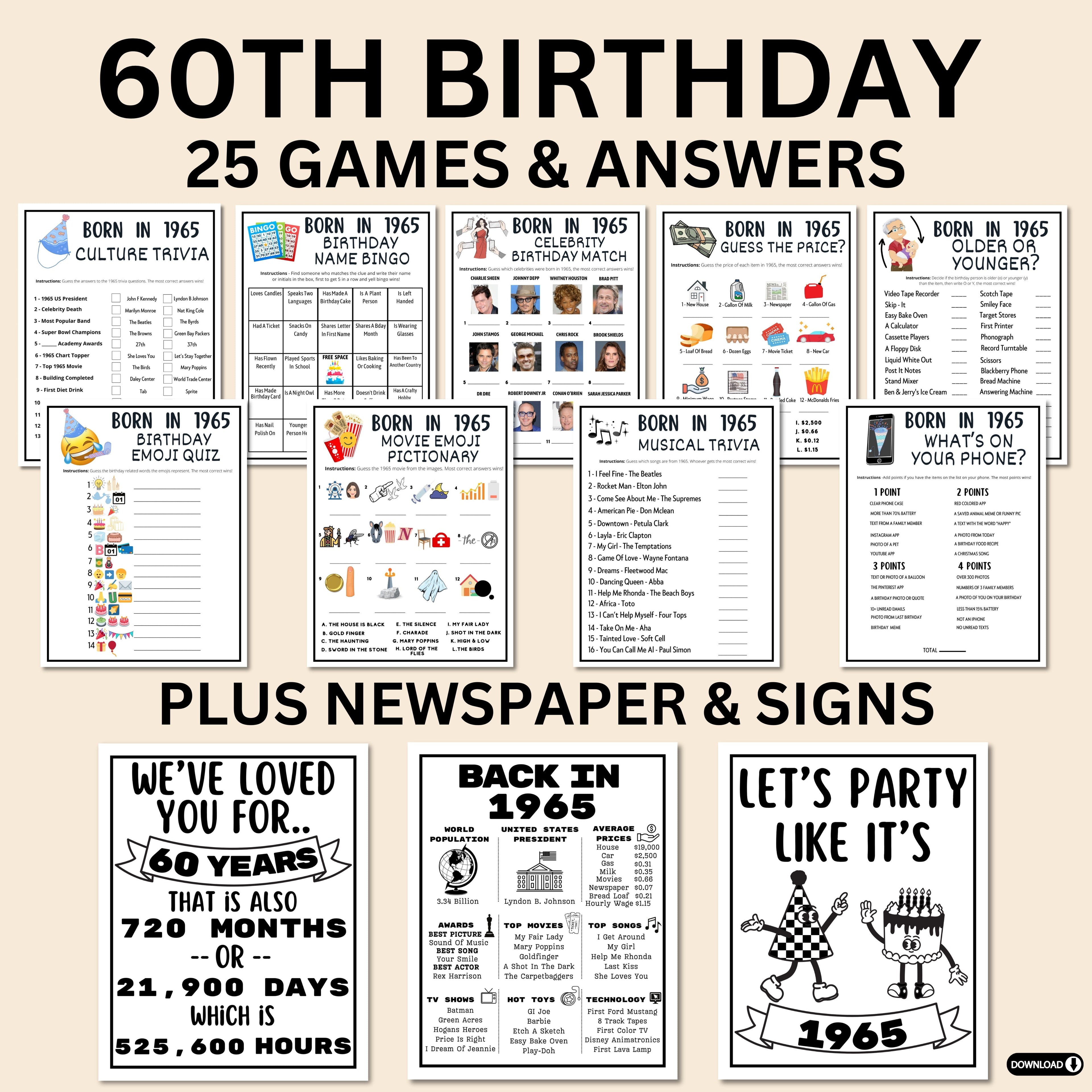 60th Birthday Printable Games Bundle | Born in 1965 Party Idea | 60th Bday Party Activities Man Woman 1964 Newspaper Poster Trivia Quiz