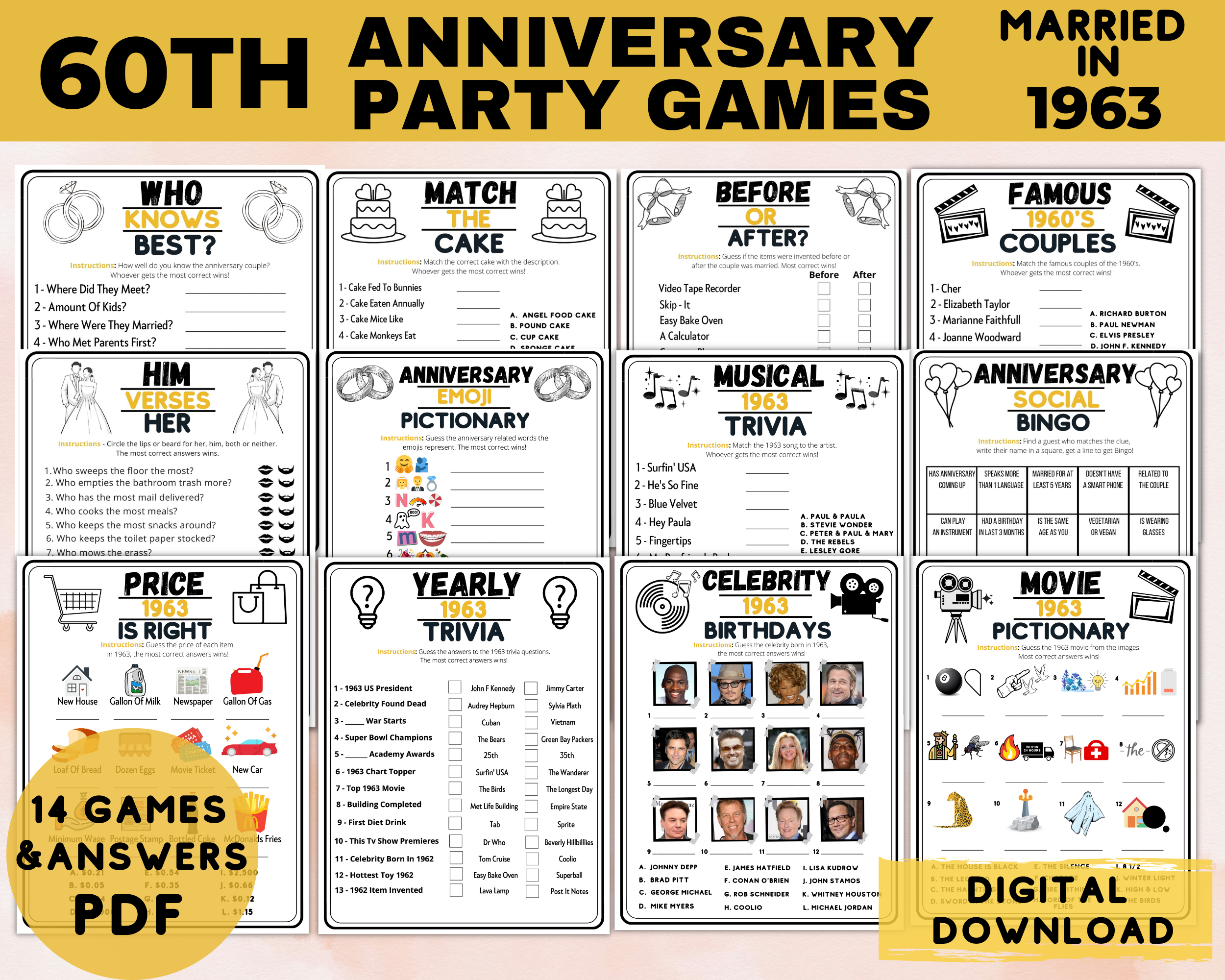 60th Anniversary Party Games, 1963 Wedding Anniversary, Printable Trivia Games
