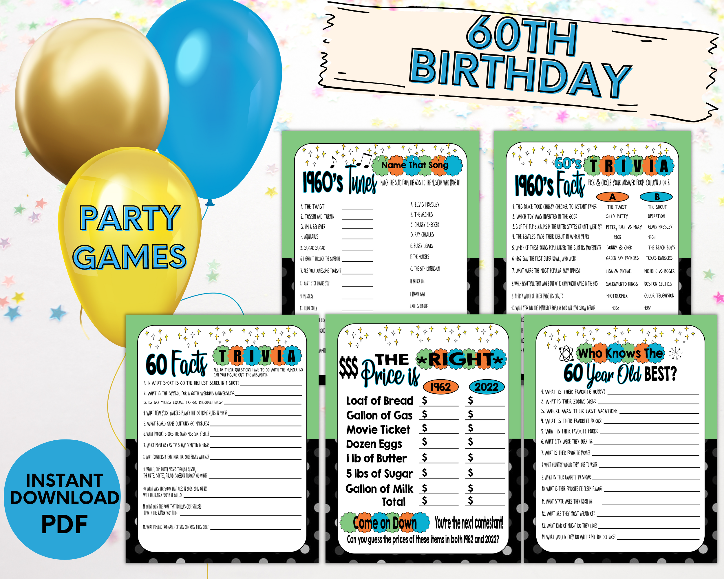 60th Birthday Party Printable 1963 Games, Ideas, Decorations, Turning 60, Instant Download