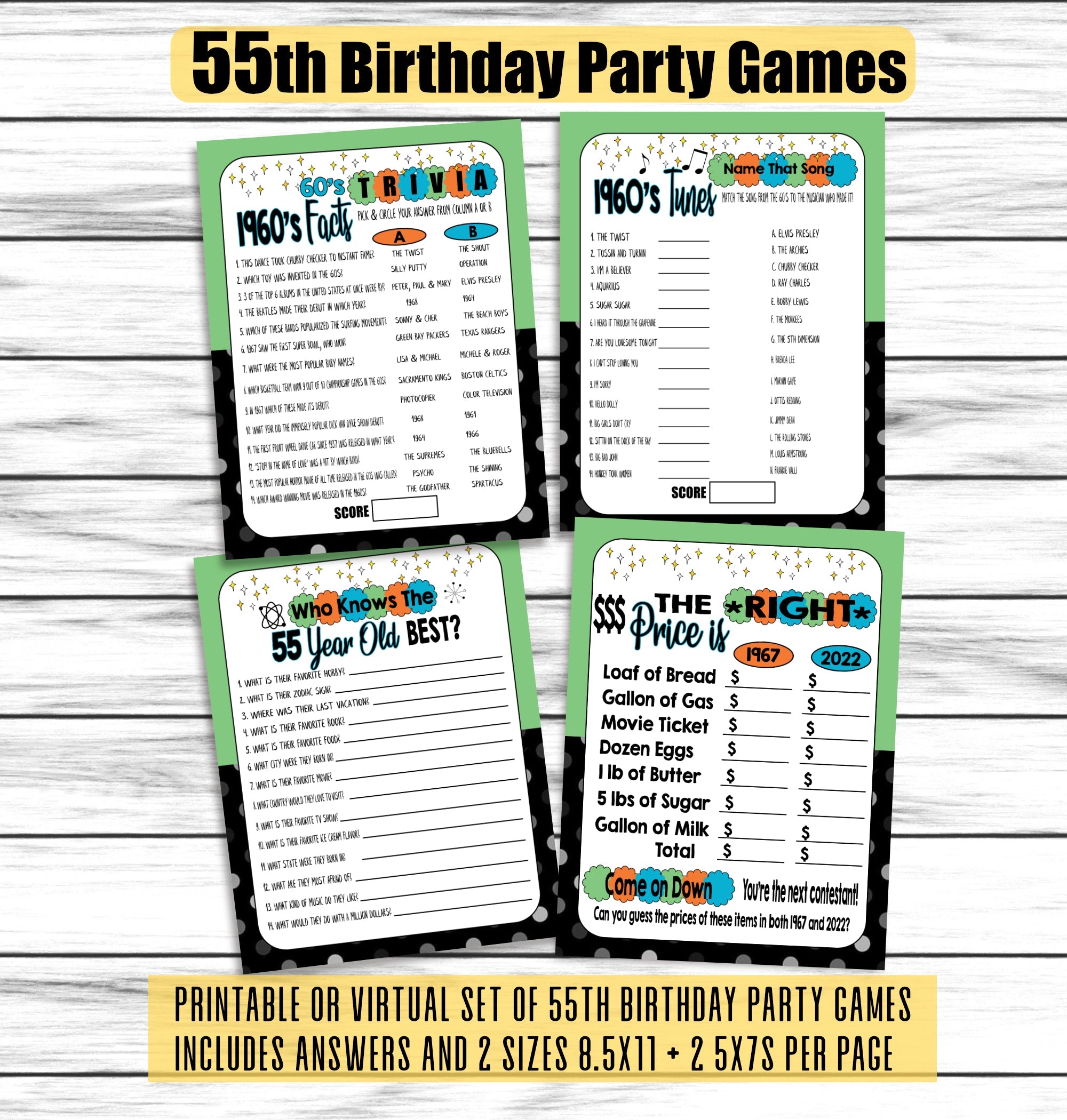 55th Birthday Party Games, 55th Birthday Ideas, 1967 Trivia Game, Price is Right Birthday Game, Printable or Virtual Games, Instant Download