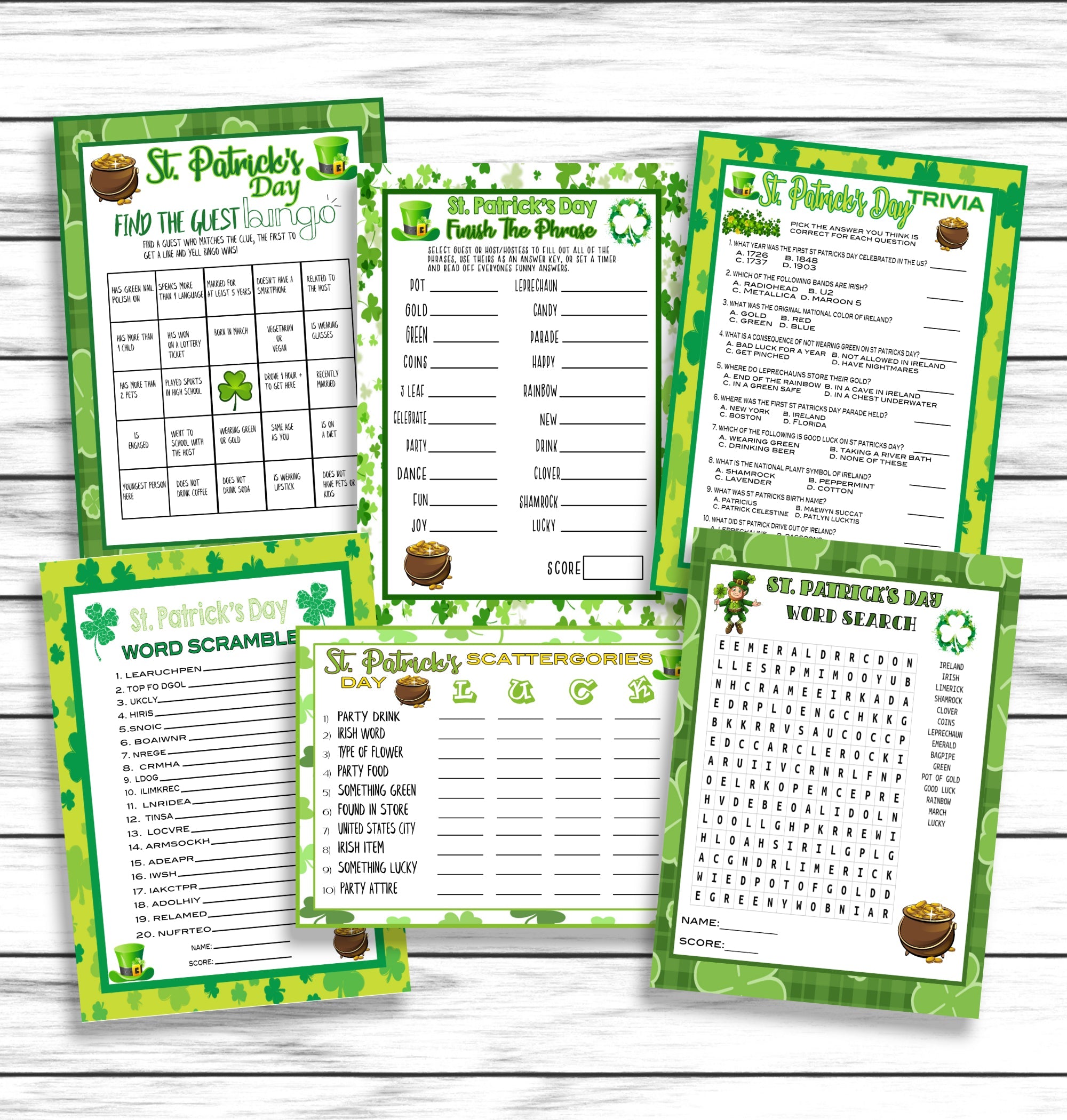 Printable Or Virtual St Patricks Day Party Games Bundle | For Adults Kids, Scattegories, Trivia, Word Search