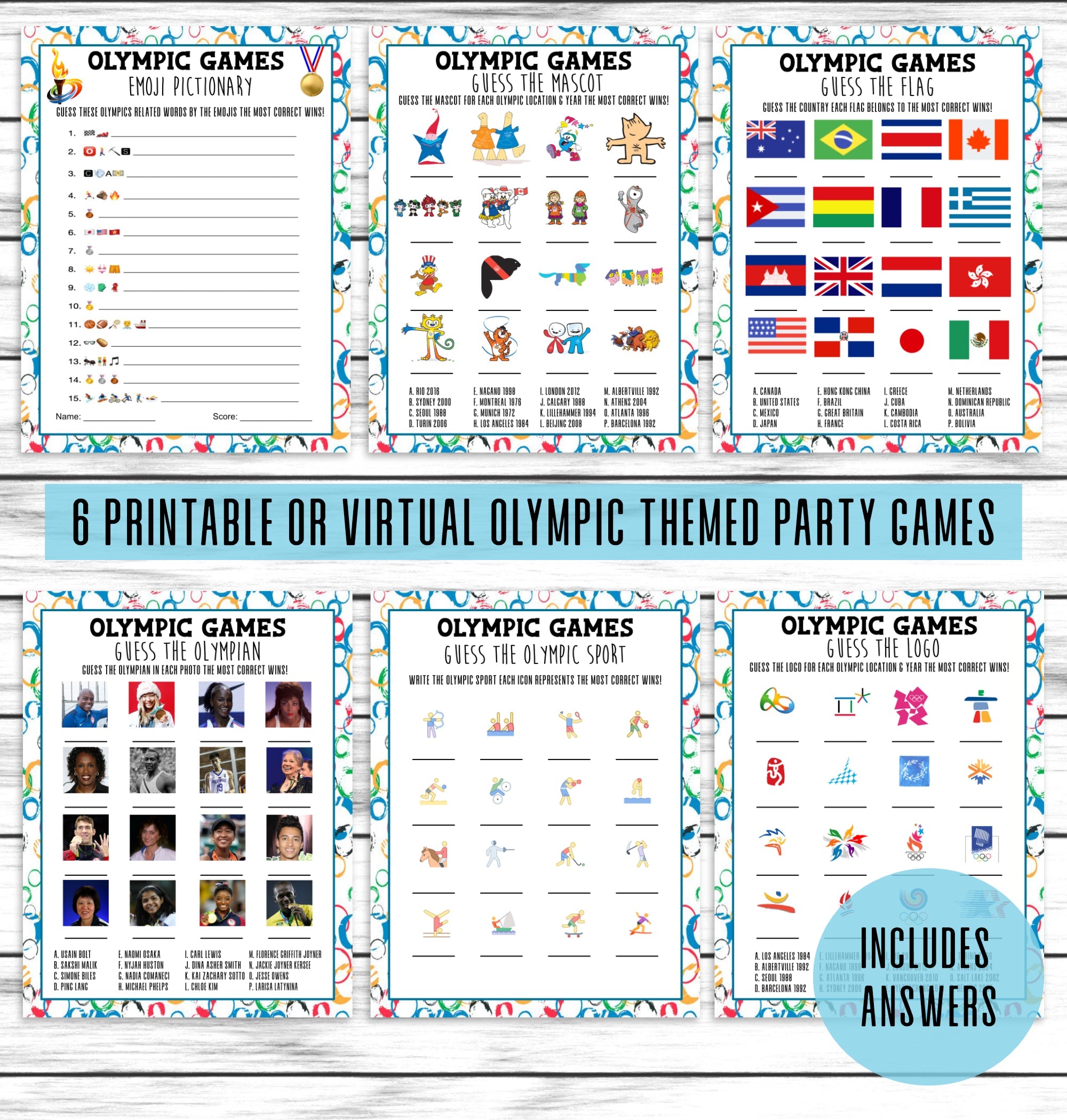 Printable or Virtual Olympics Party Games, Logos, Mascots, Athletes, Trivia