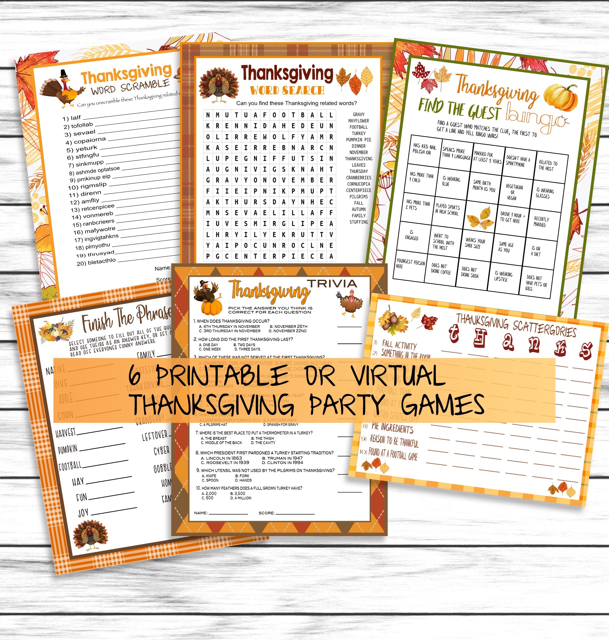 Thanksgiving Friendsgiving Party Family Game Set, Printable Kids Adults Activity Bundle, Instant Download