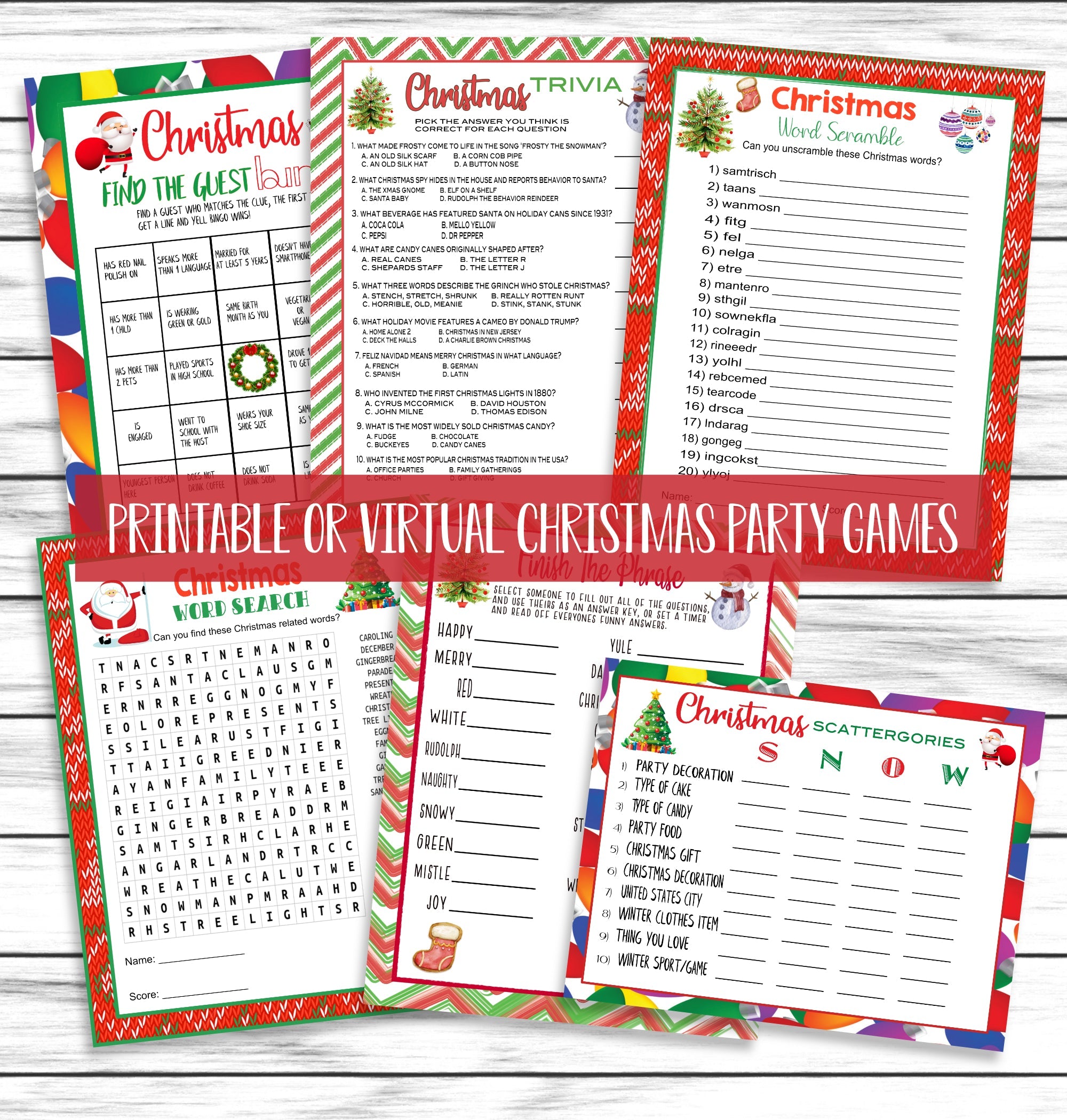 6 Christmas Party Family Game Set, Printable or Virtual Kids Adults Activity Bundle, Instant Download