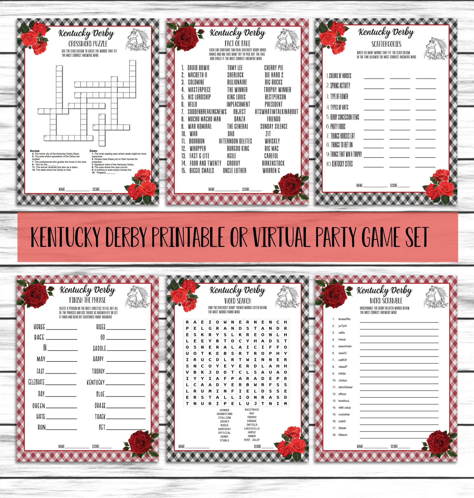 Kentucky Derby Fun Party Games | Scattergories, Word Search, Kids Or Adults Family Activity Set