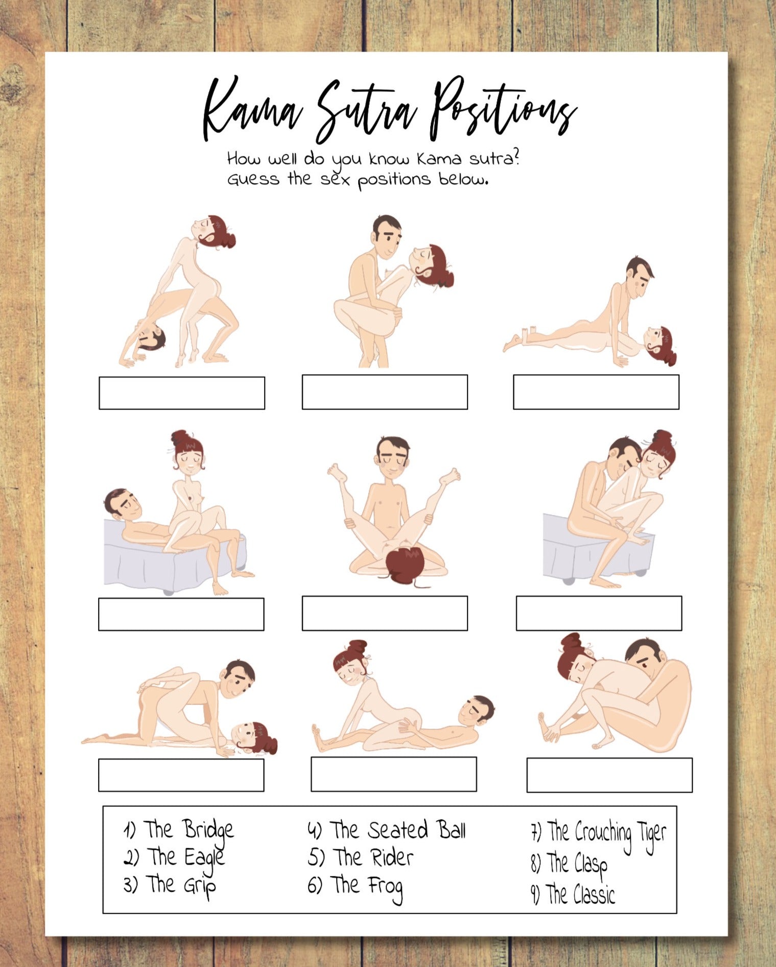 Bachelorette Party Kama Sutra Quiz Game - Printable Naughty Game - Instant Download