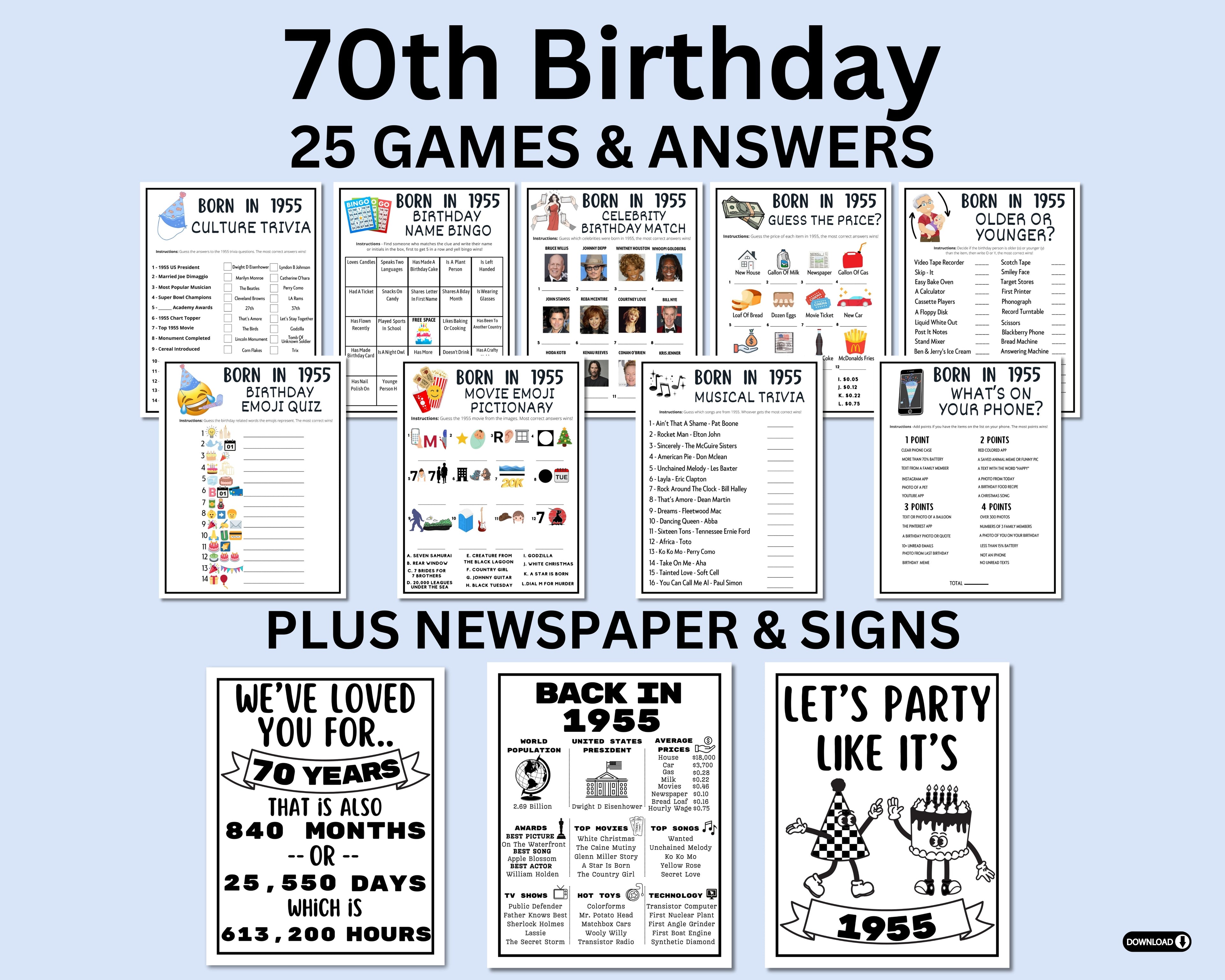 70th Birthday Printable Games Bundle | Born in 1955 Party Idea | 70th Bday Party Activities Man Woman 1954 Newspaper Poster Trivia Quiz