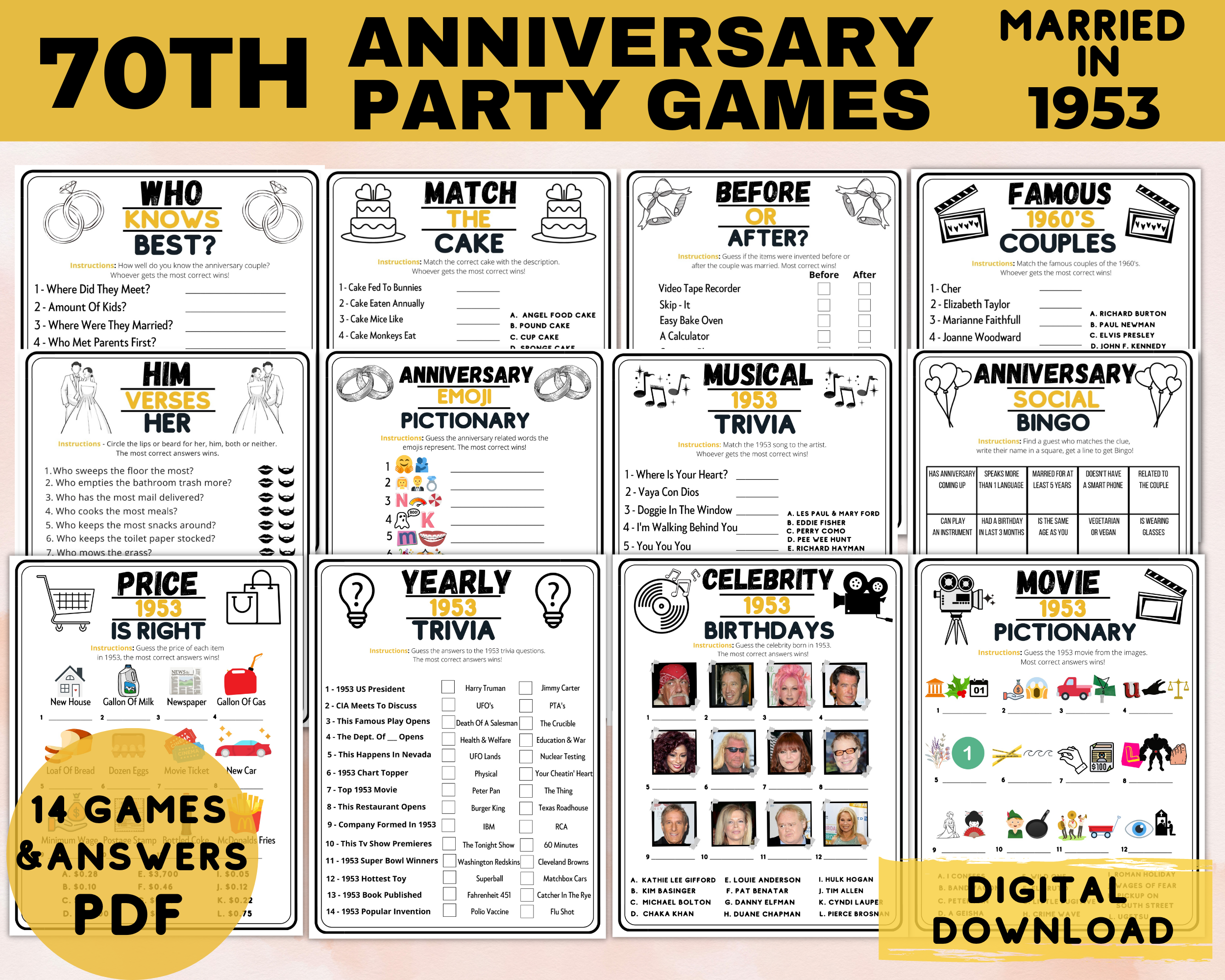 Printable 70th Anniversary Party Games | 70th Wedding Couples Games | Married In 1953 Wedding Party Quizzes | 70th Anniversary Idea