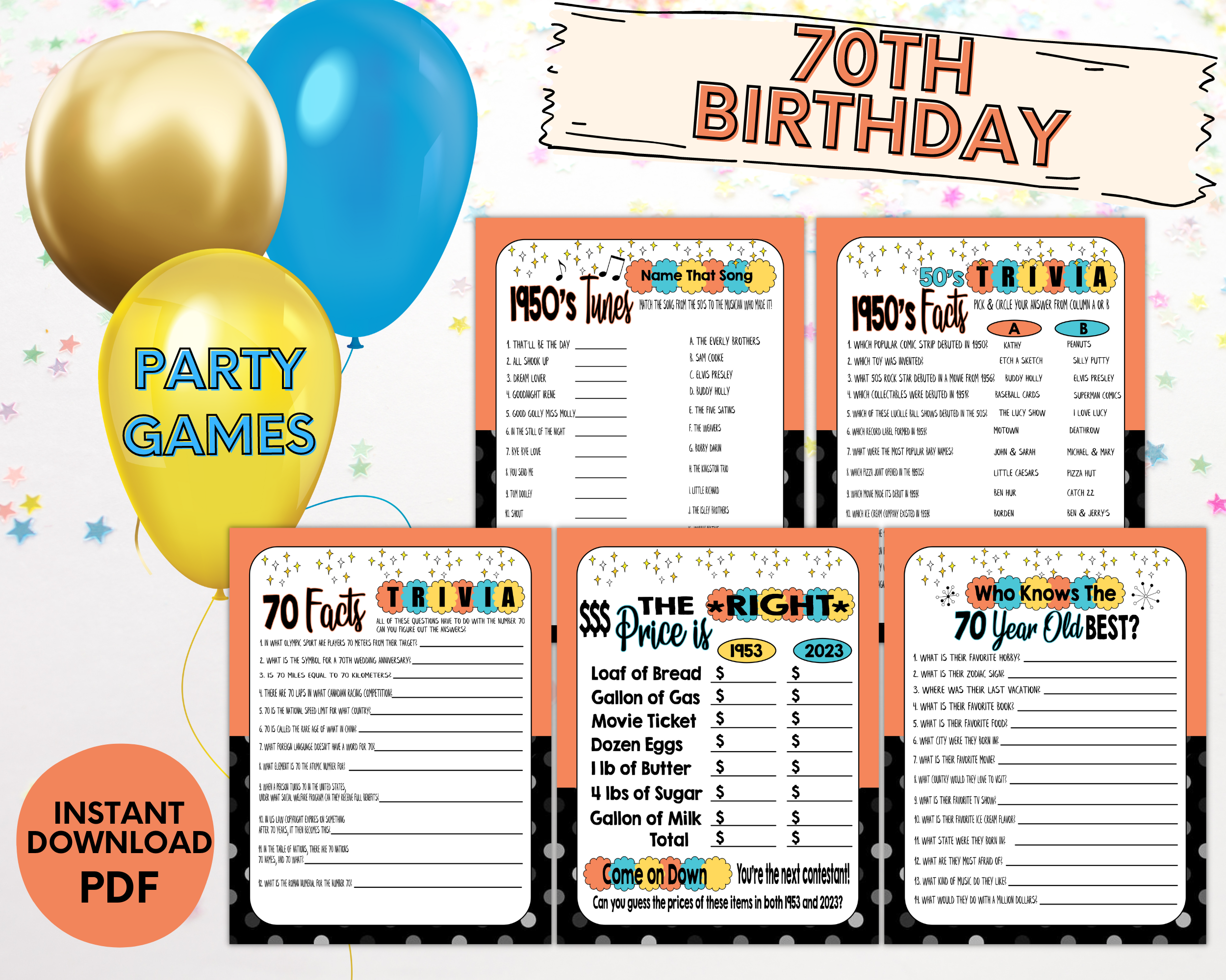 70th Birthday Party Printable 1950s Games, Decorations, Ideas, Turning 70, Instant Download