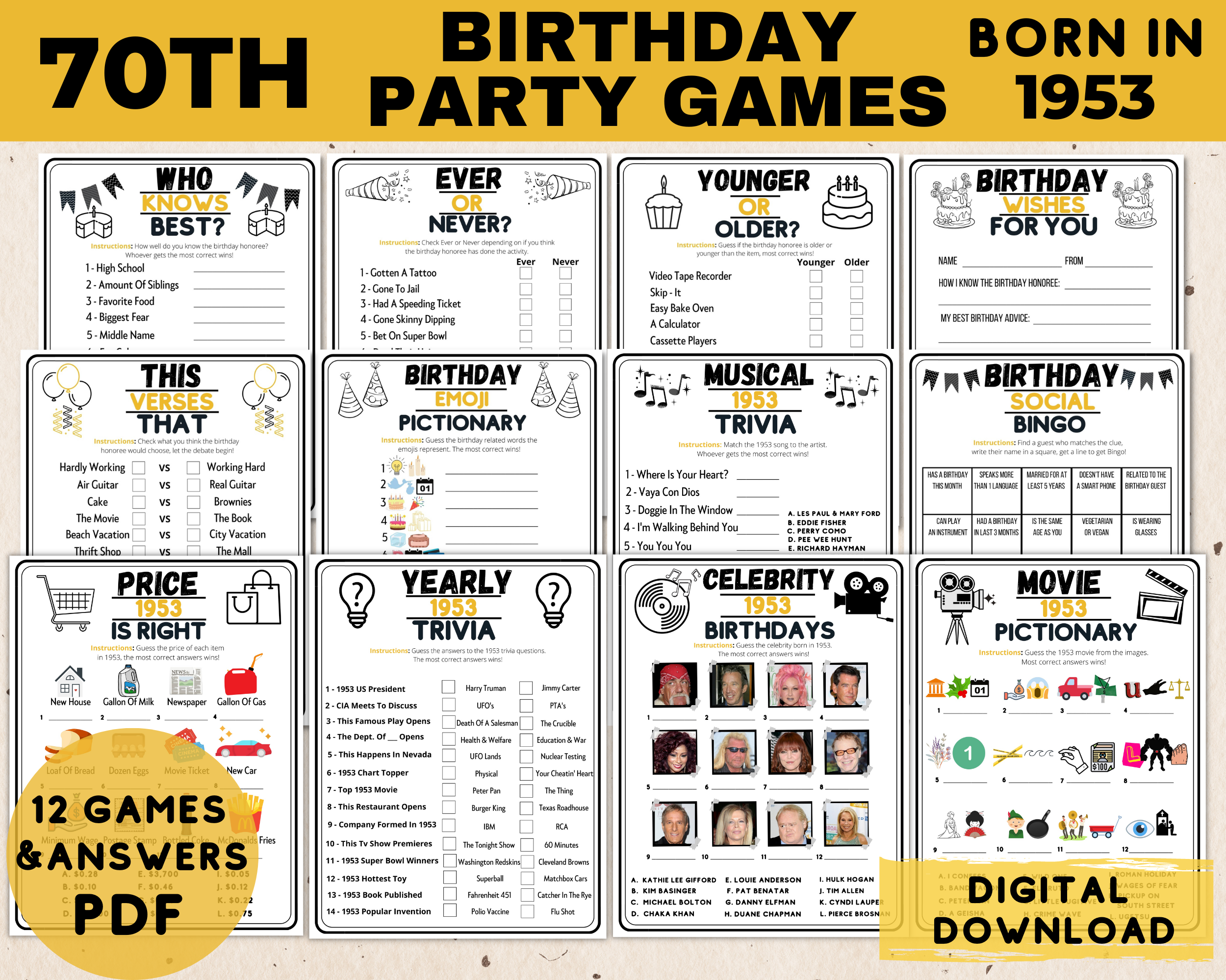 Printable 70th Birthday Party Games, 12 Game Bundle, Born In 1953, Guest Book, Music, Emoji Trivia, Price Is Right, Bingo, 70th Bday Decor