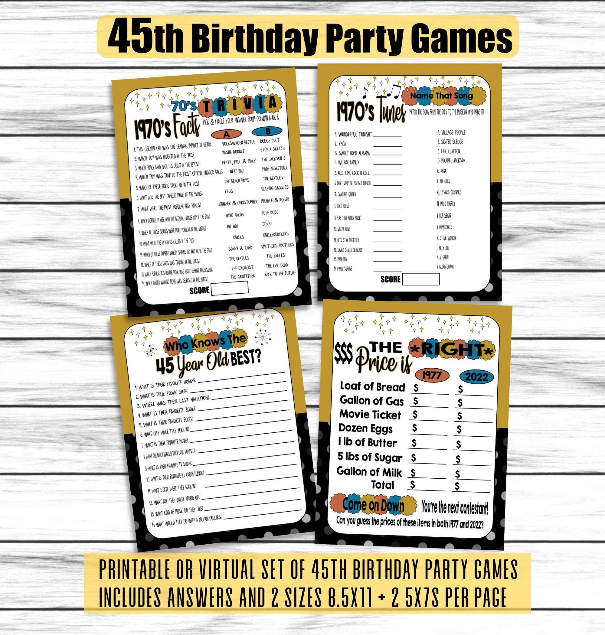 45th Birthday Party Games, 45th Birthday Ideas, 1977 Trivia Game, Price is Right Birthday Game, Printable or Virtual Games, Instant Download