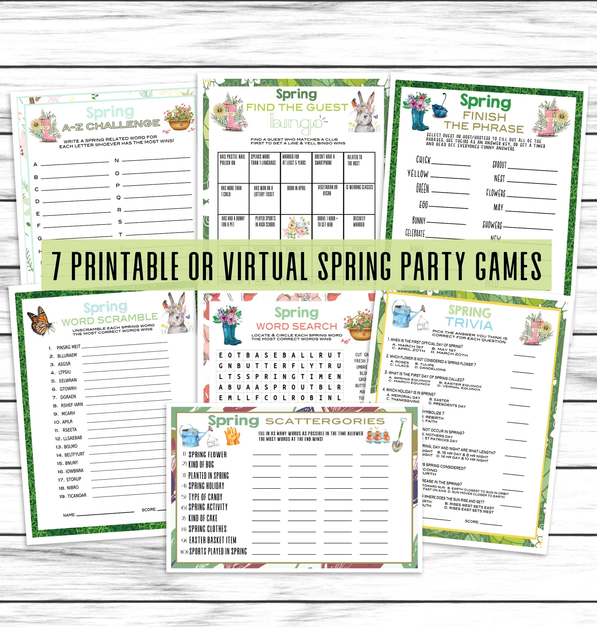 Spring Party Games Bundle, Kids Or Adults Spring Printable Or Virtual Fun Game Pack