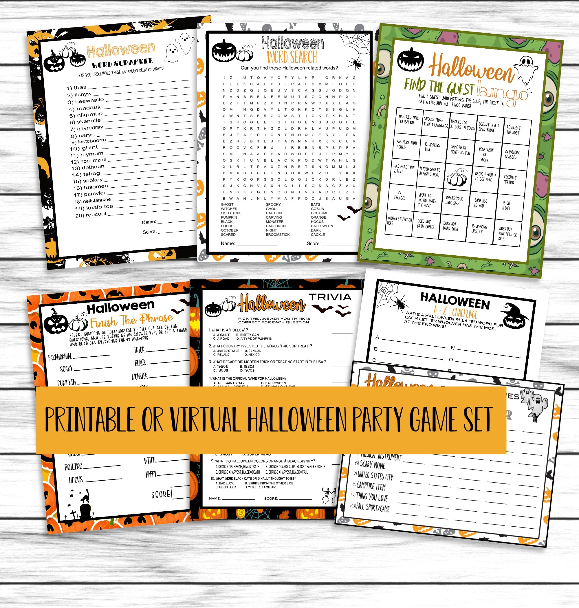 7 Halloween Party Games, Printable Or Virtual Kids Adults Activity, Instant Download