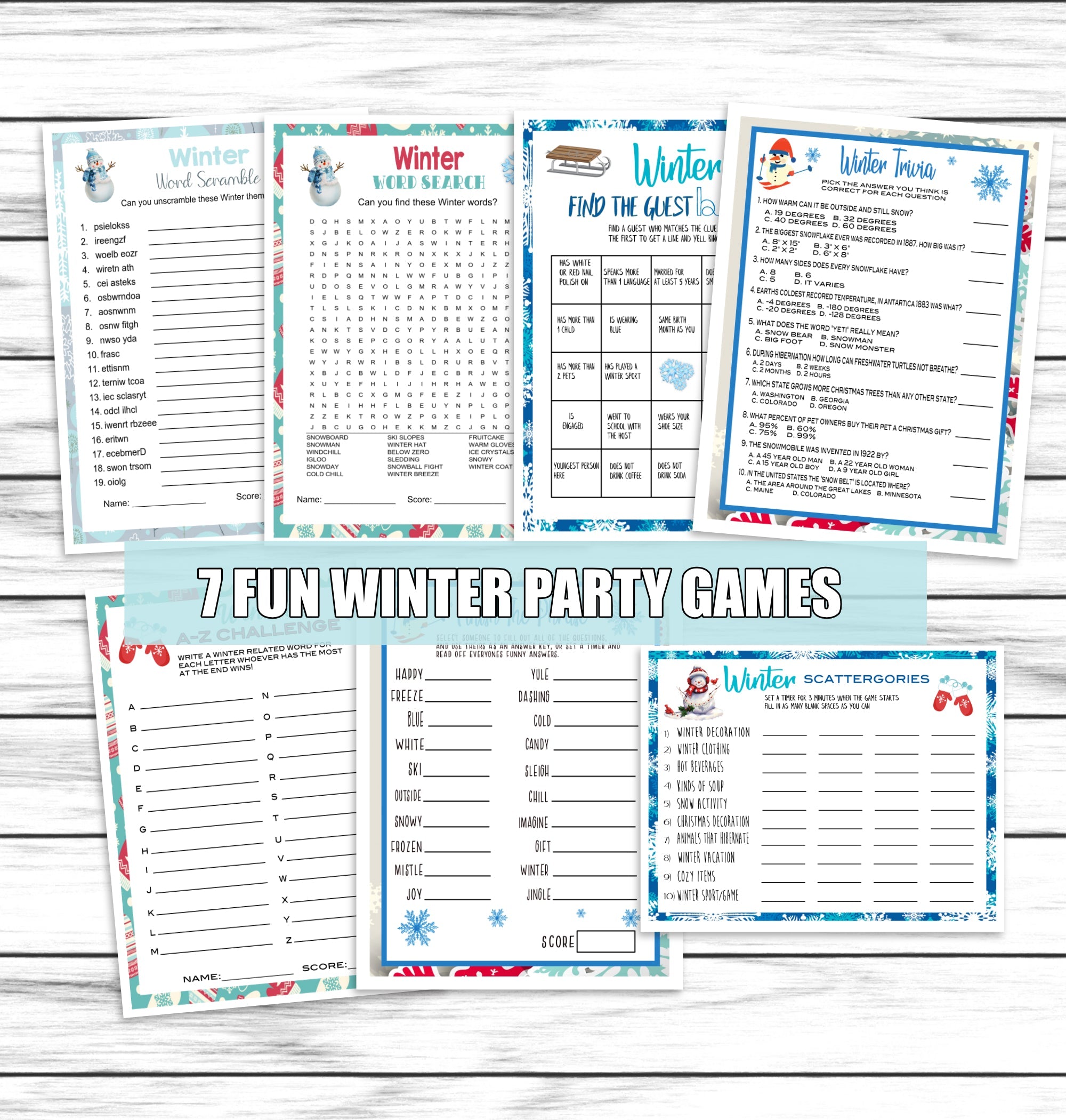 Winter Holiday Party Family Game Set, Printable or Virtual Kids Adults Zoom Activity Bundle, Instant Download