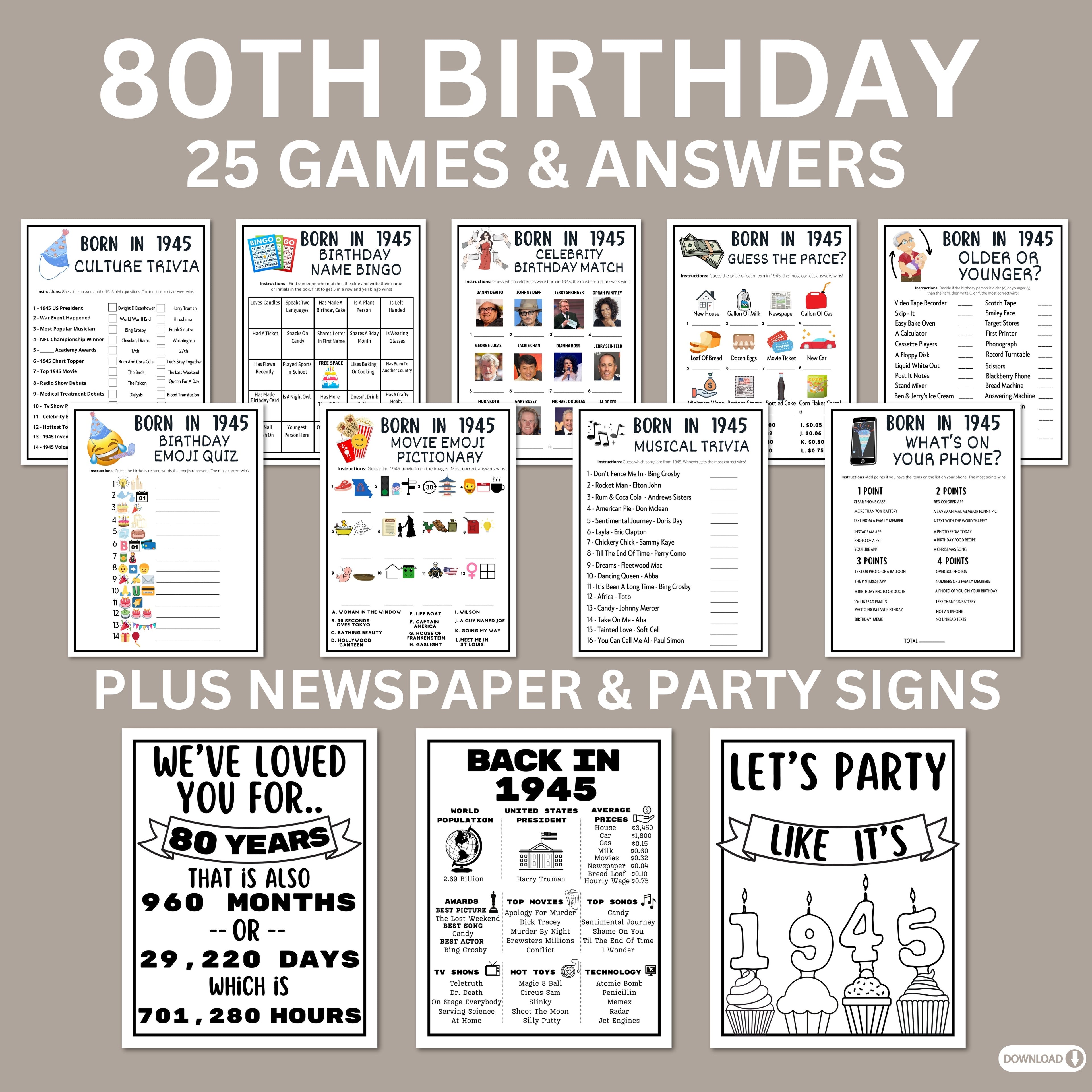 80th Birthday Party Printable 1945 Games, Activities, Decorations, Turning 80 Ideas, Instant Download