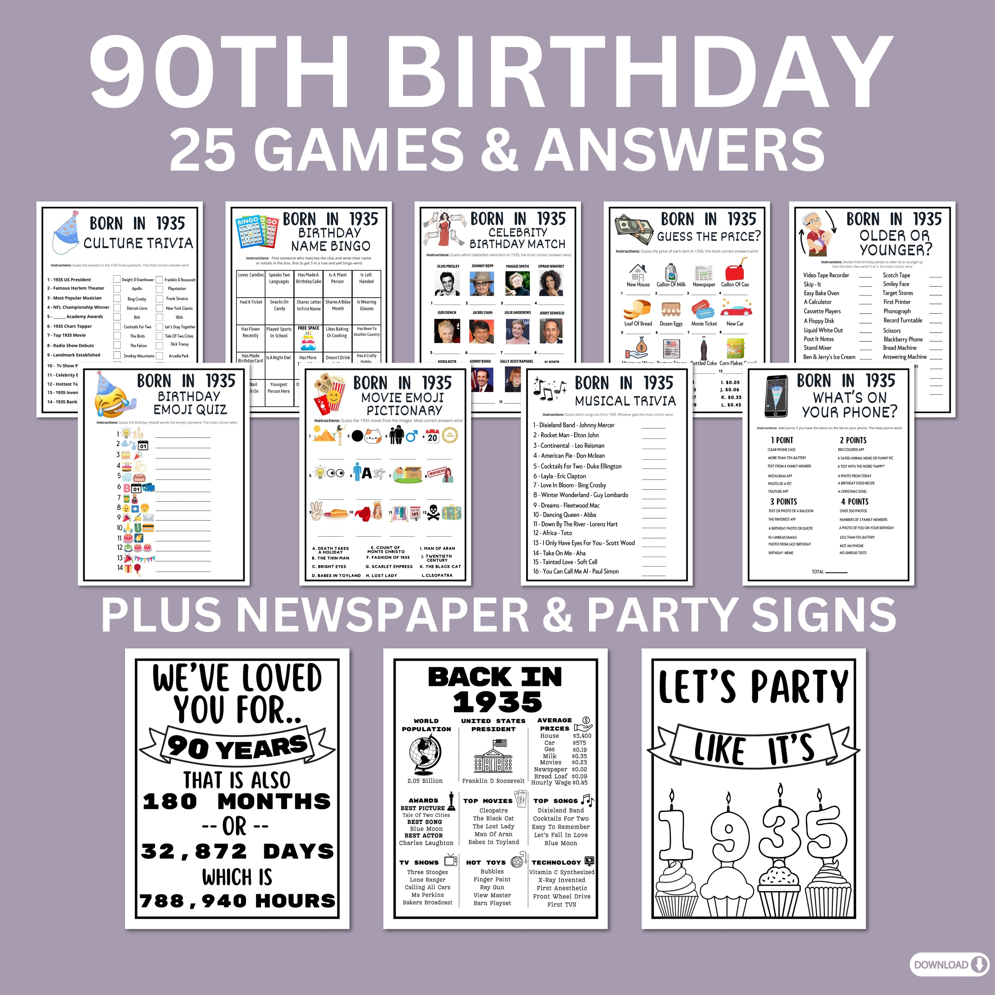 90th Birthday Printable Games Bundle | Born in 1935 Party Idea | 90th Bday Party Activities Man Woman 1934 Newspaper Poster Trivia Quiz