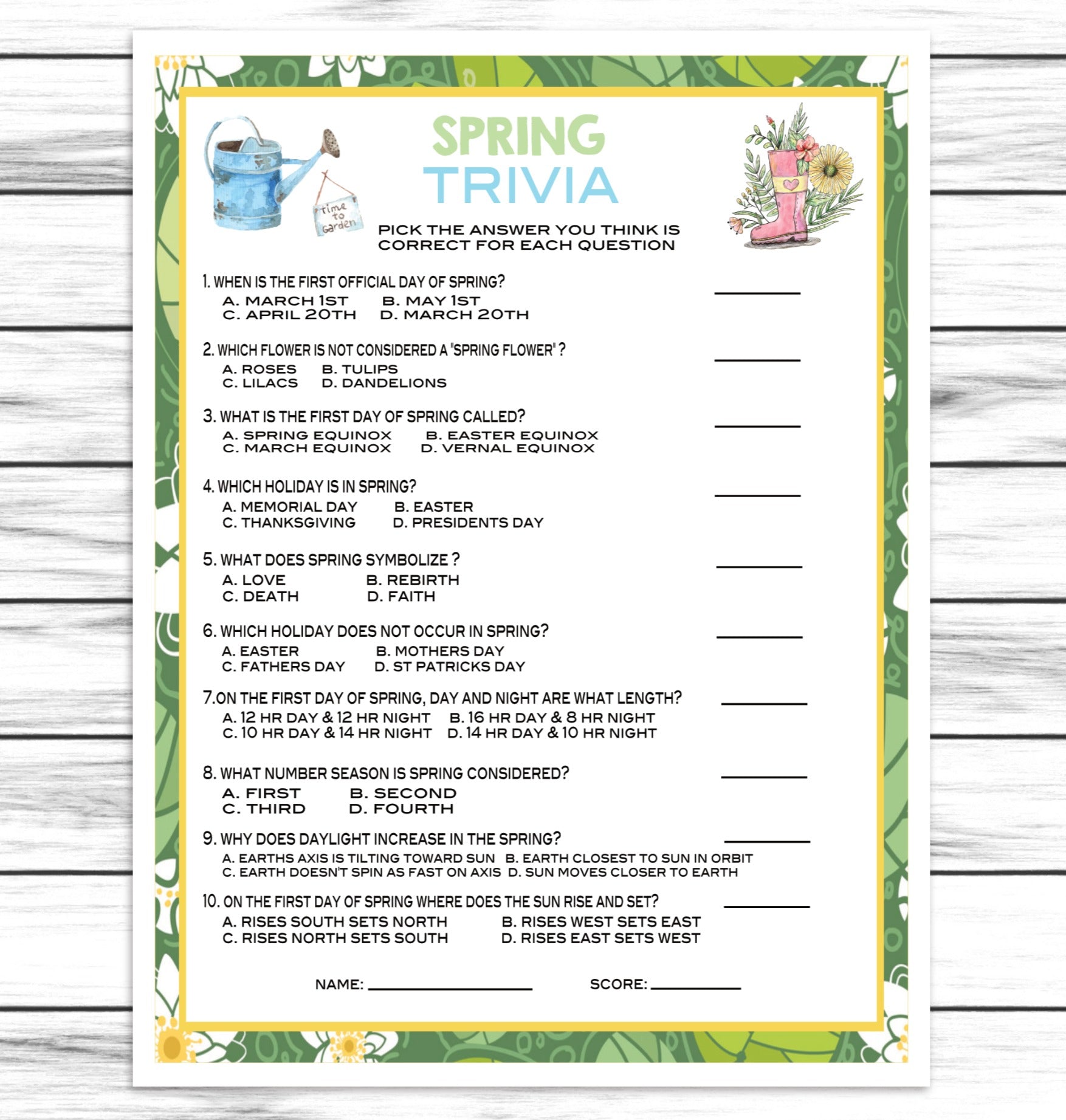 Spring Party Trivia Game, Kids Or Adults Spring Printable Or Virtual Game