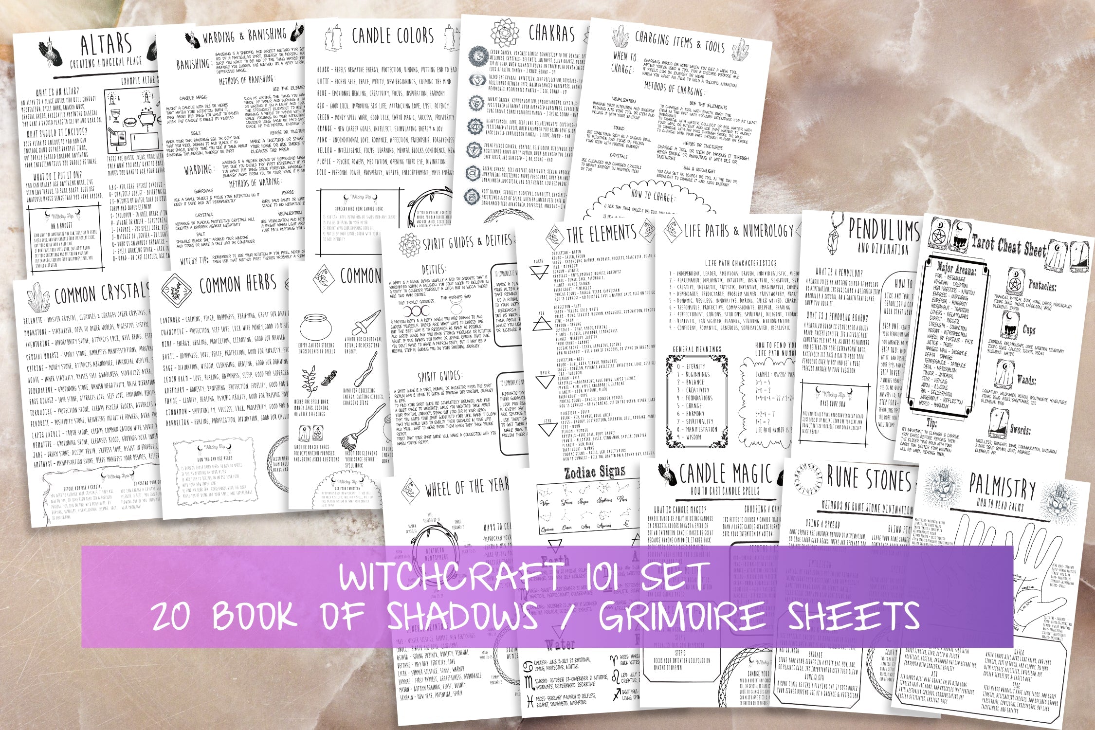 Basics Of Witchcraft | 20 Page Set | Printable Grimoire Sheets | Book Of Shadows Pages