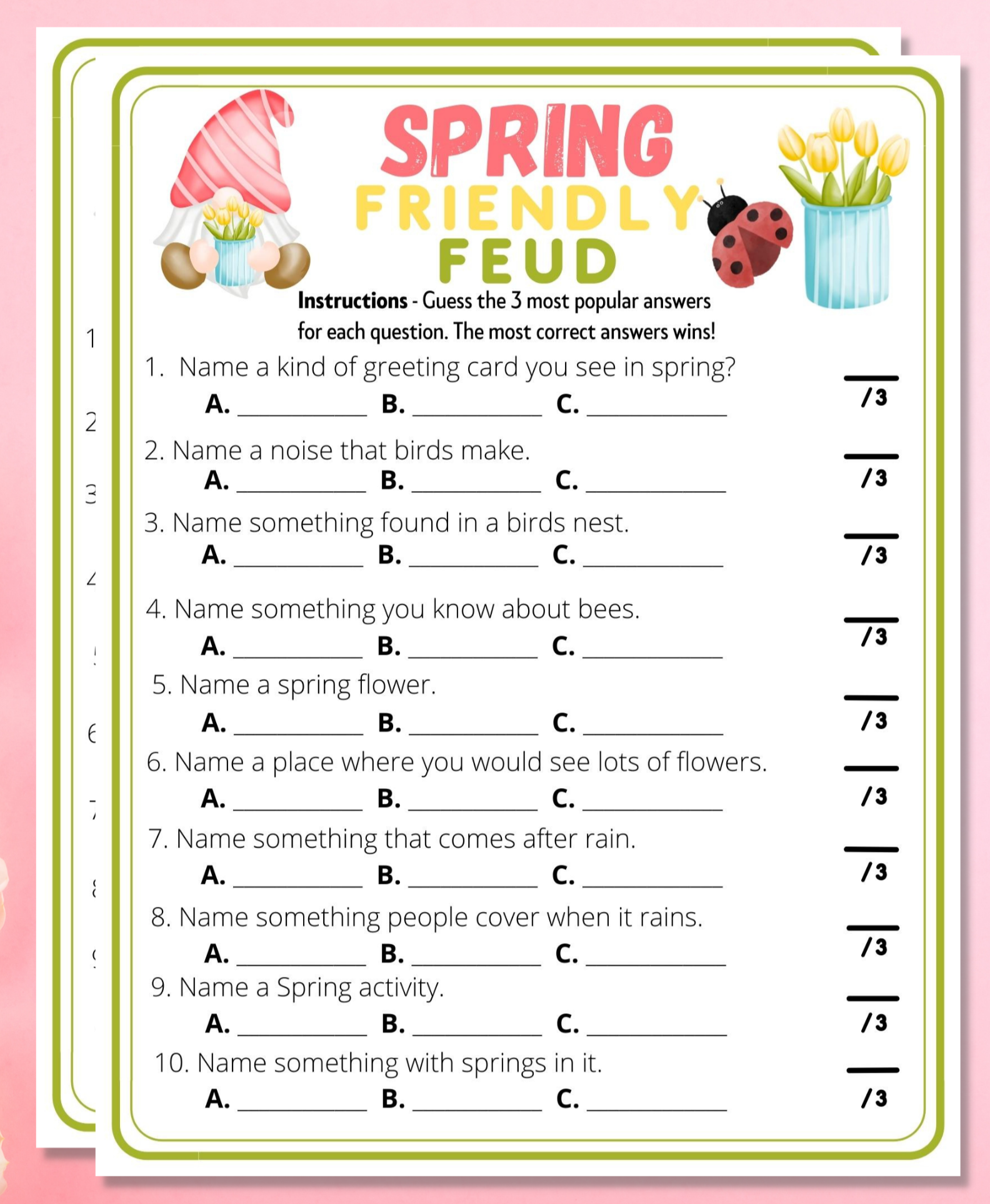 Spring Feud Trivia Printable Game | Adults Kids Fun Party Activity | Seniors, Classroom, Office Church Party Idea | Group Quiz