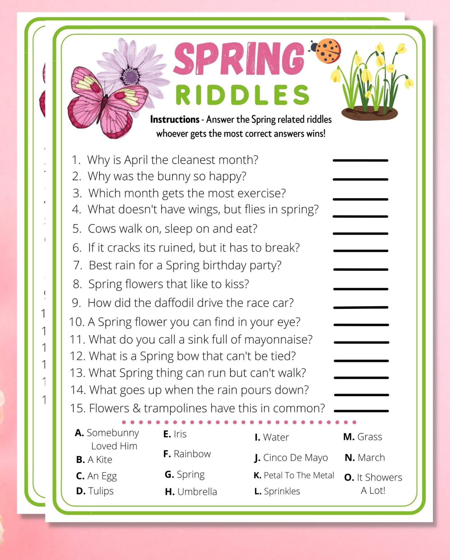 Spring Riddles Printable Quiz Game | Fun Activity Idea For Adults & Kids | Office, Classroom, Seniors Church Party Quiz | Matching Game