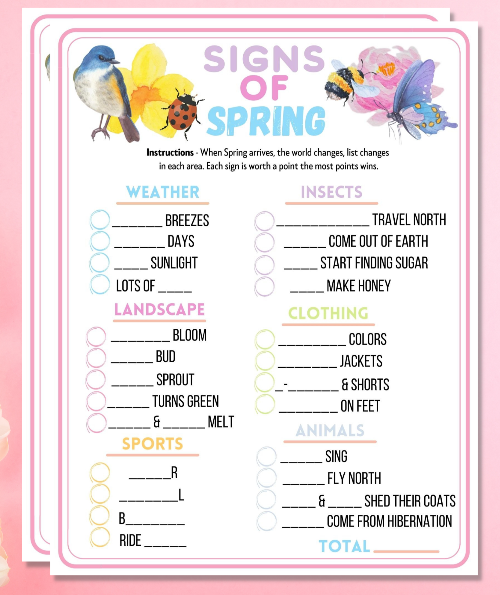 Signs Of Spring Trivia Printable Game | Fun Kids & Adults Party Activity | Seniors, Classroom, Office, Church Quiz | Group Idea