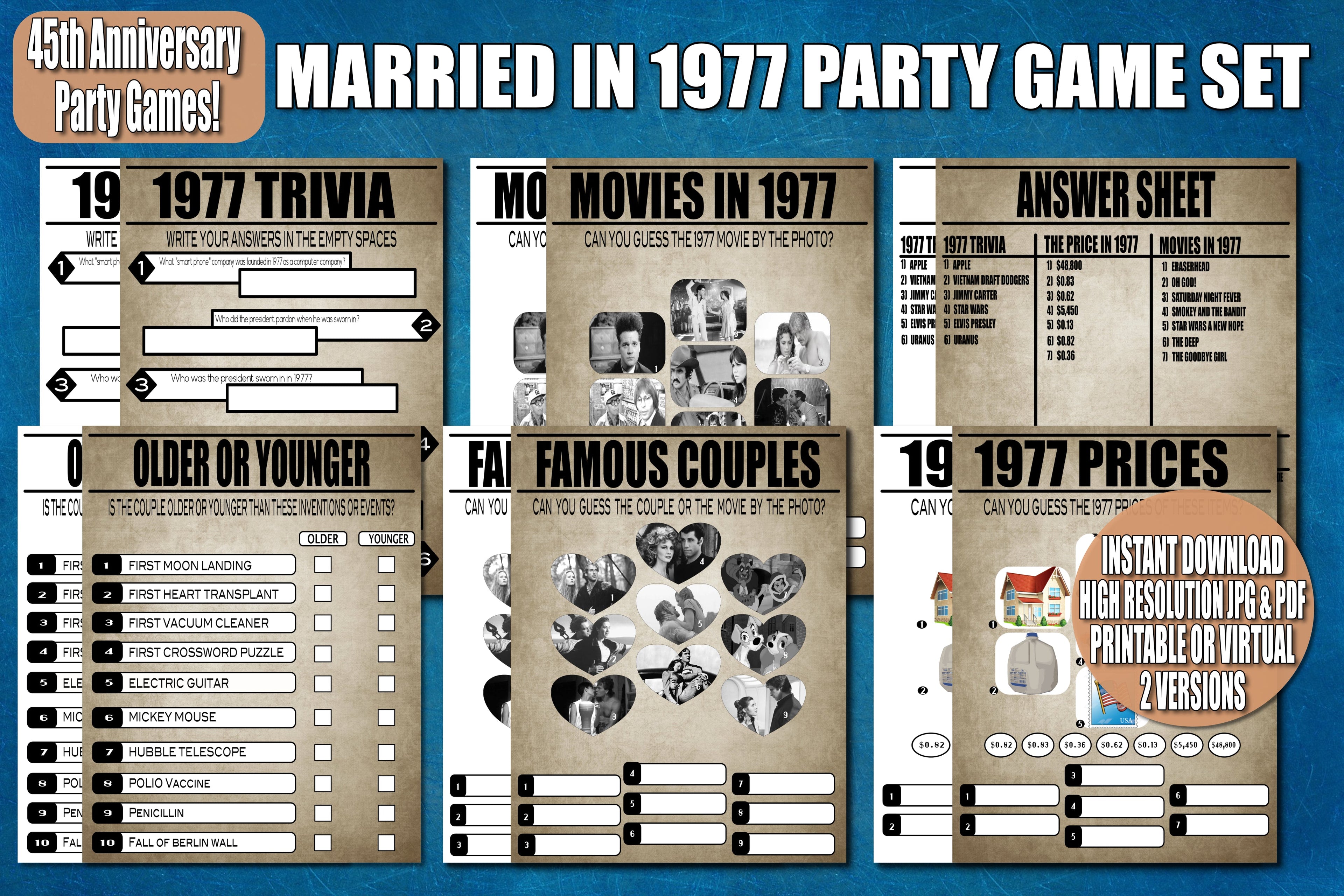 45th Anniversary Party Games, 1977 Wedding Anniversary, Printable Trivia Games