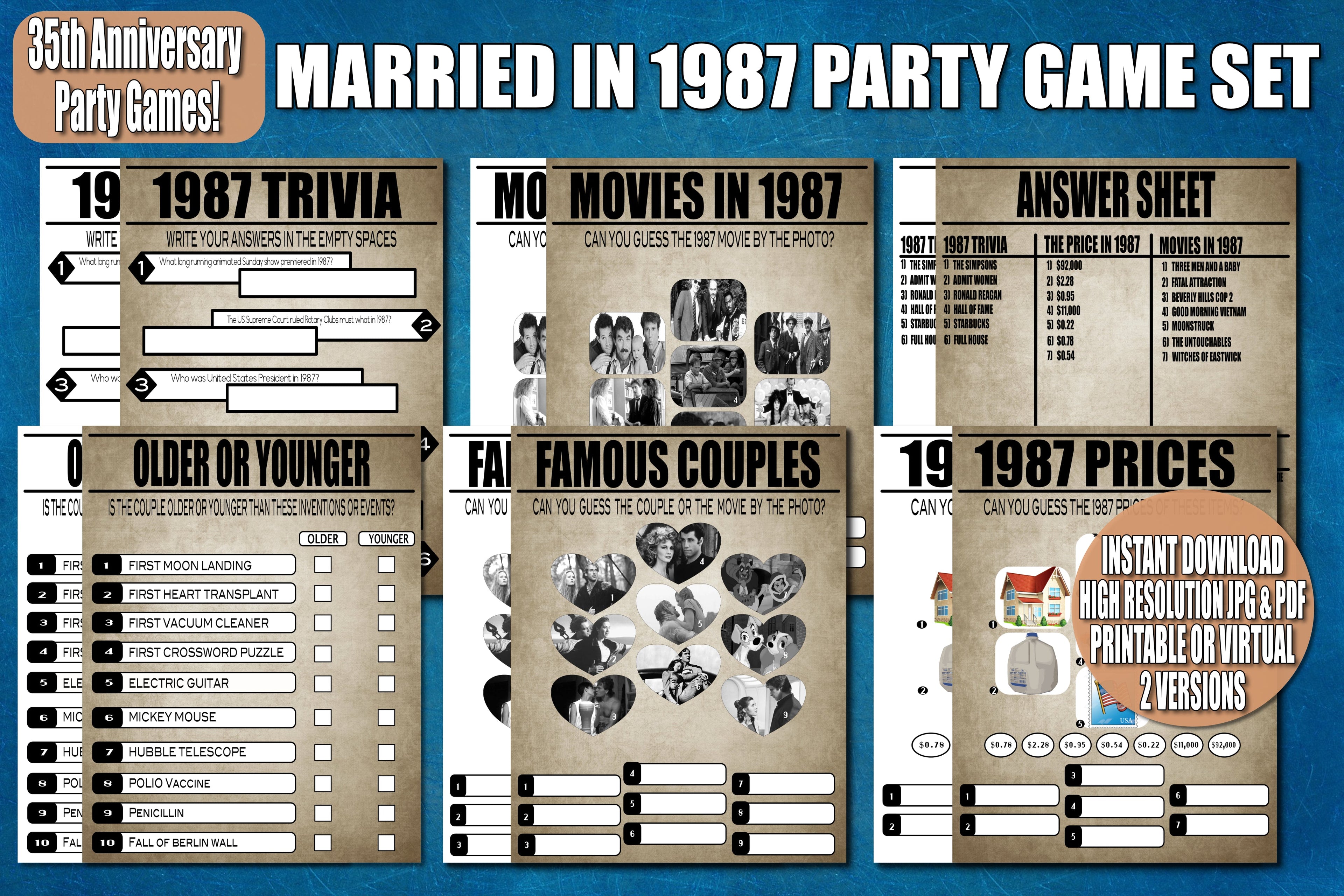35th Anniversary Party Games, 1987 Wedding Anniversary, Printable Trivia Games