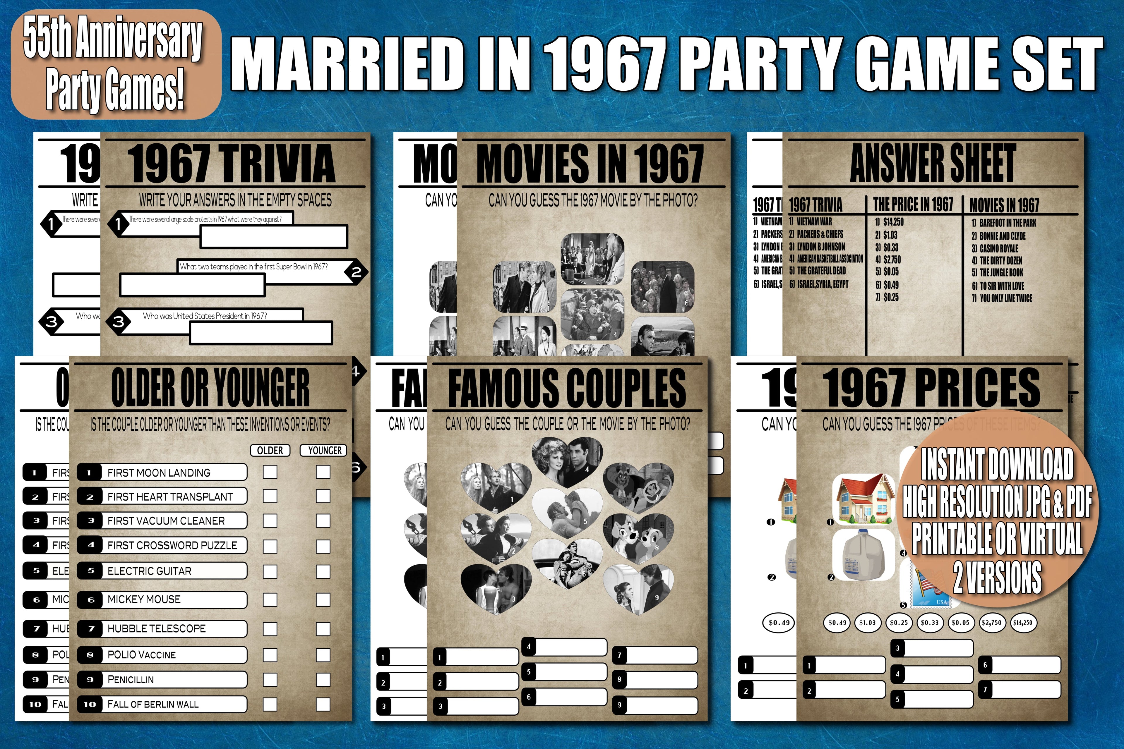55th Anniversary Party Games, 1967 Wedding Anniversary, Printable Trivia Games
