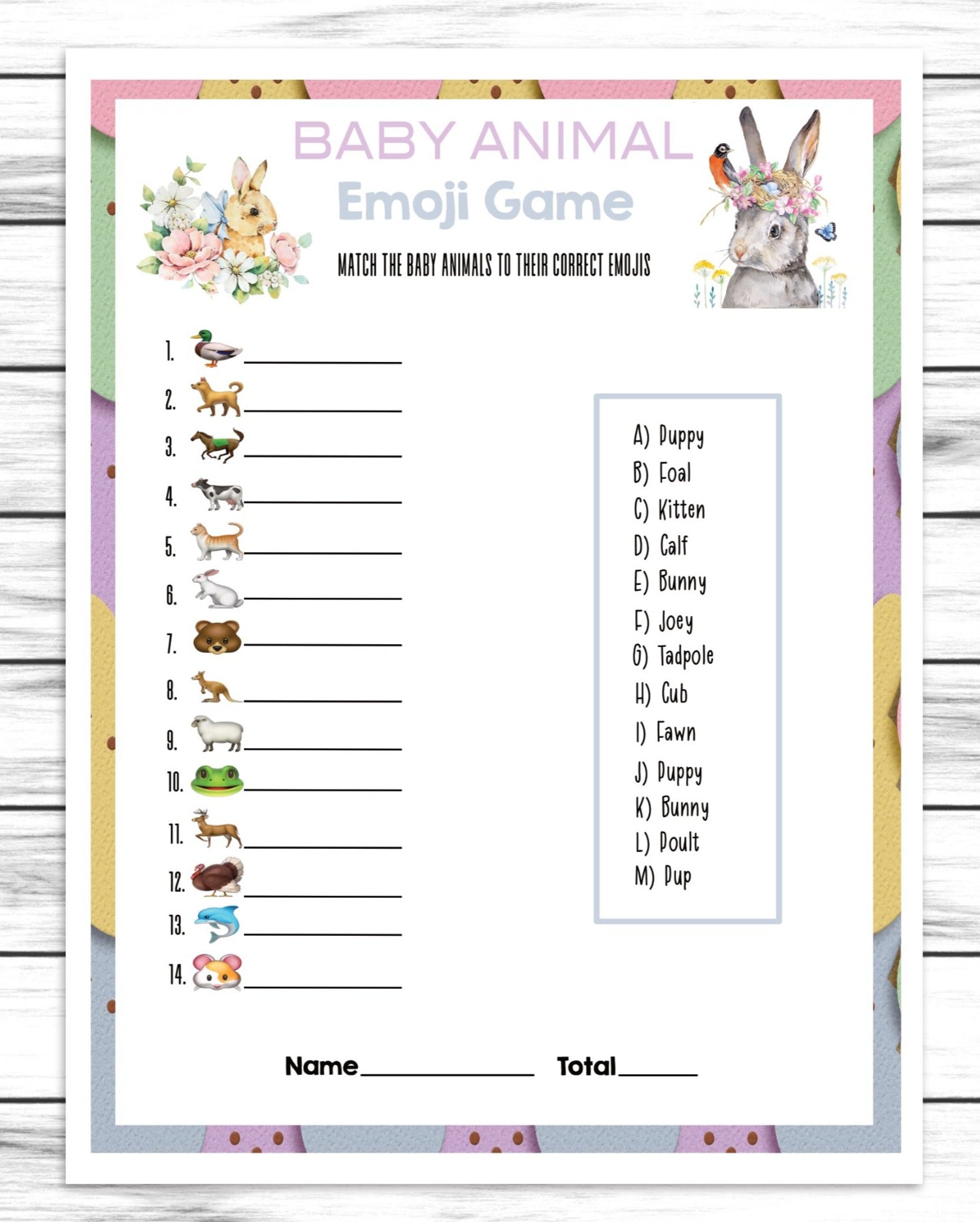 Spring Party Baby Animal Emoji Pictionary, Kids Or Adults Spring Printable Or Virtual Fun Game