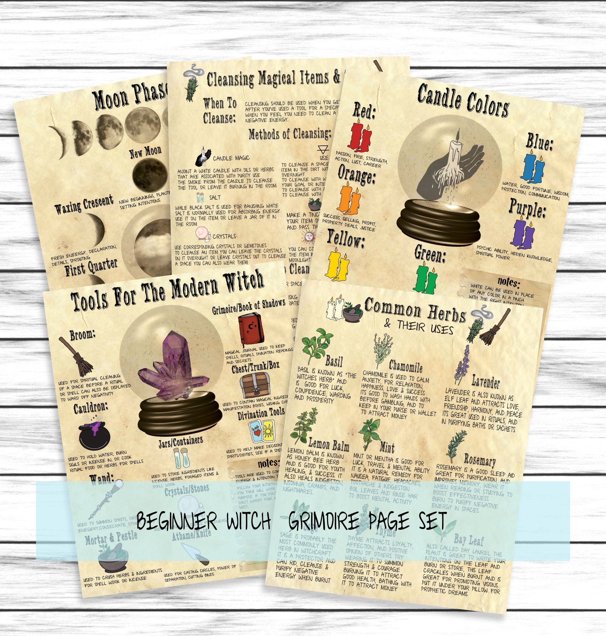 Printable Book Of Shadows Grimoire Pages, Moon Phases, Herbs, Candle Magic, Cleansing, Witch Tools