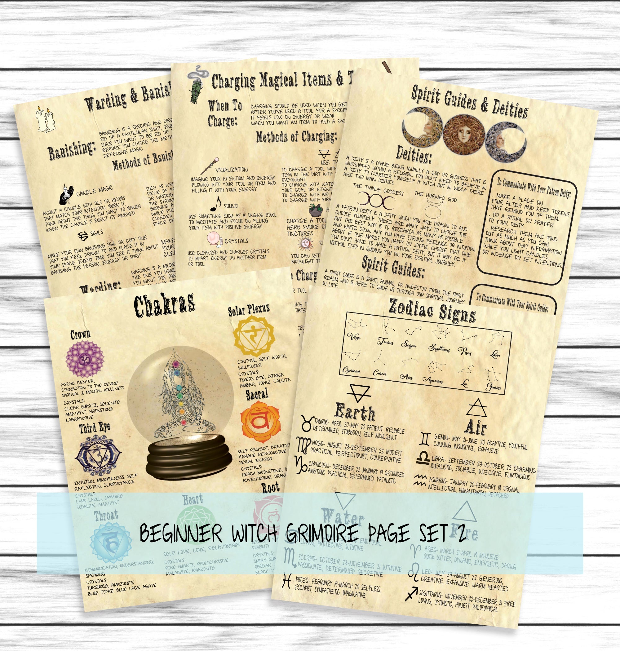 Printable Book Of Shadows Grimoire Pages, Chakras, Banishing, Zodiac Signs, Spirit Guides, Charging Items