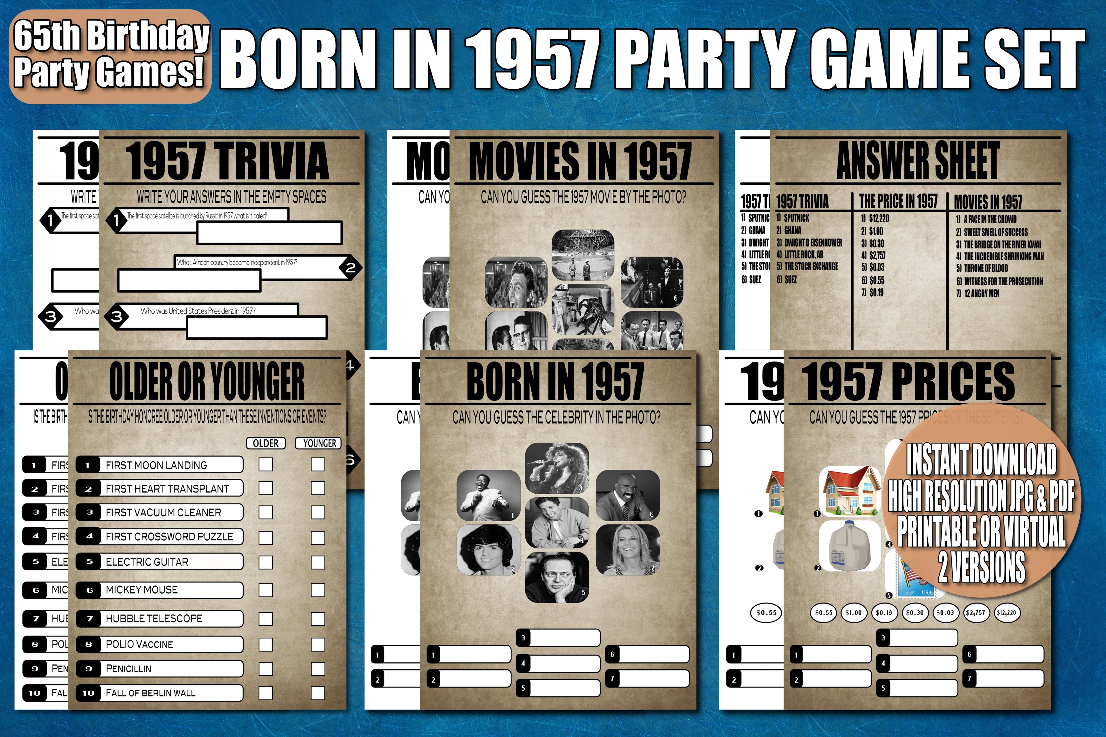 65th Birthday Party Printable Or Virtual Games, Born in 1957, Trivia, Instant Download