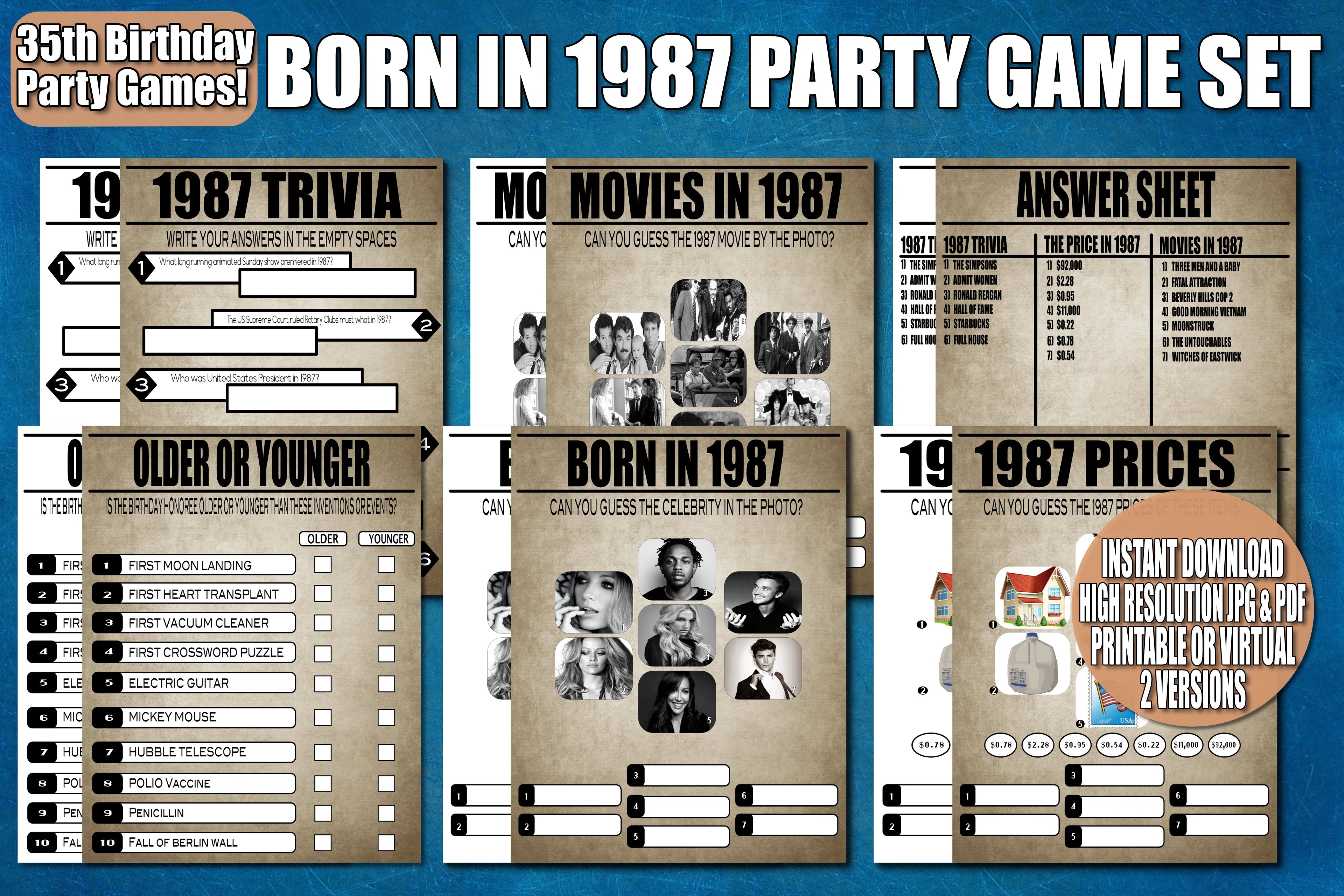 35th Birthday Party Printable Or Virtual Games, Born in 1987, Trivia, Instant Download