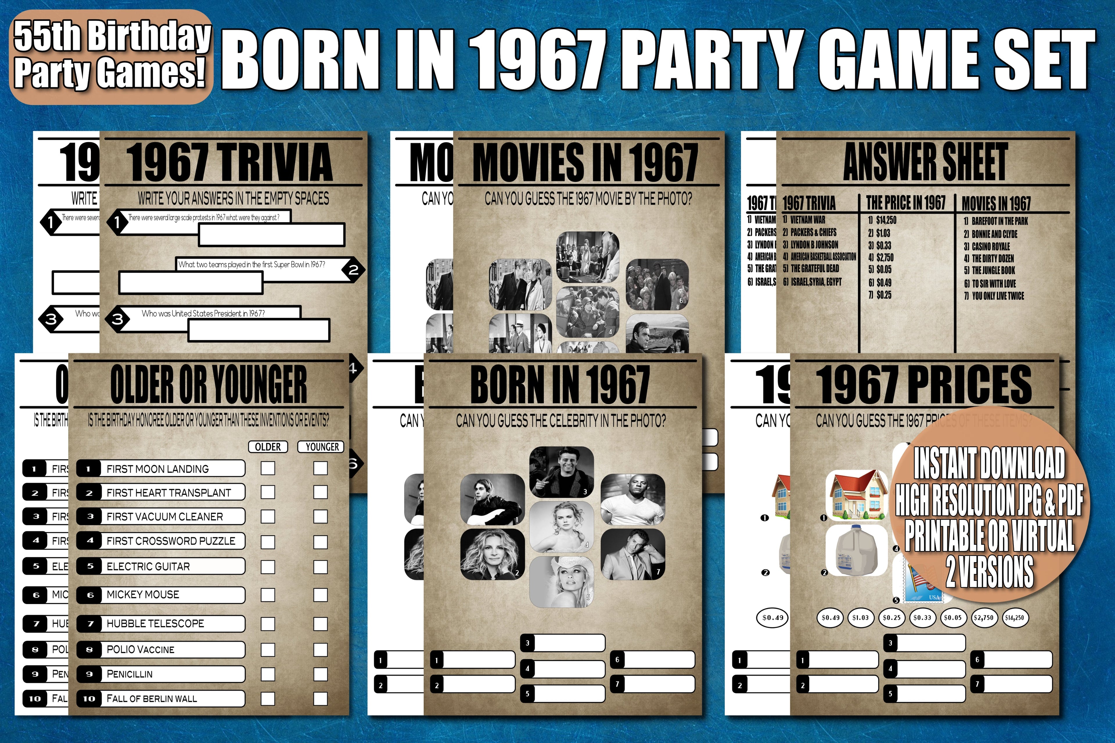 55th Birthday Party Printable Or Virtual Games, Born in 1967, Trivia, Instant Download