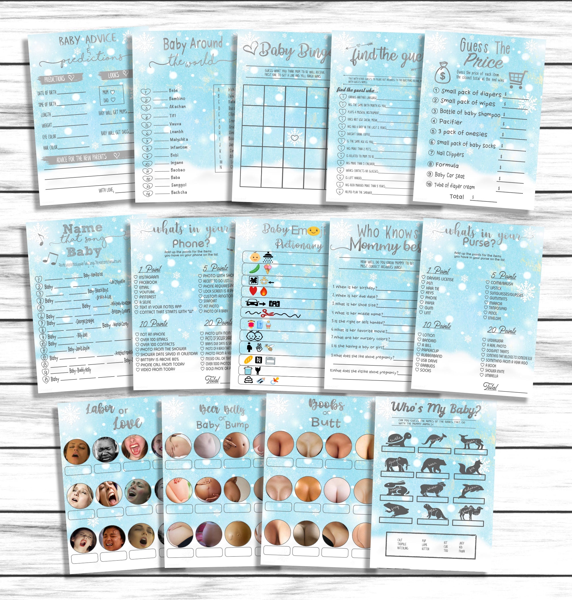 Boys Winter Wonderland Baby Shower Games Set, Boobs or Butt, Labor or Porn, Beer Belly or Baby Bump, Printable Or Virtual Instant Download Games