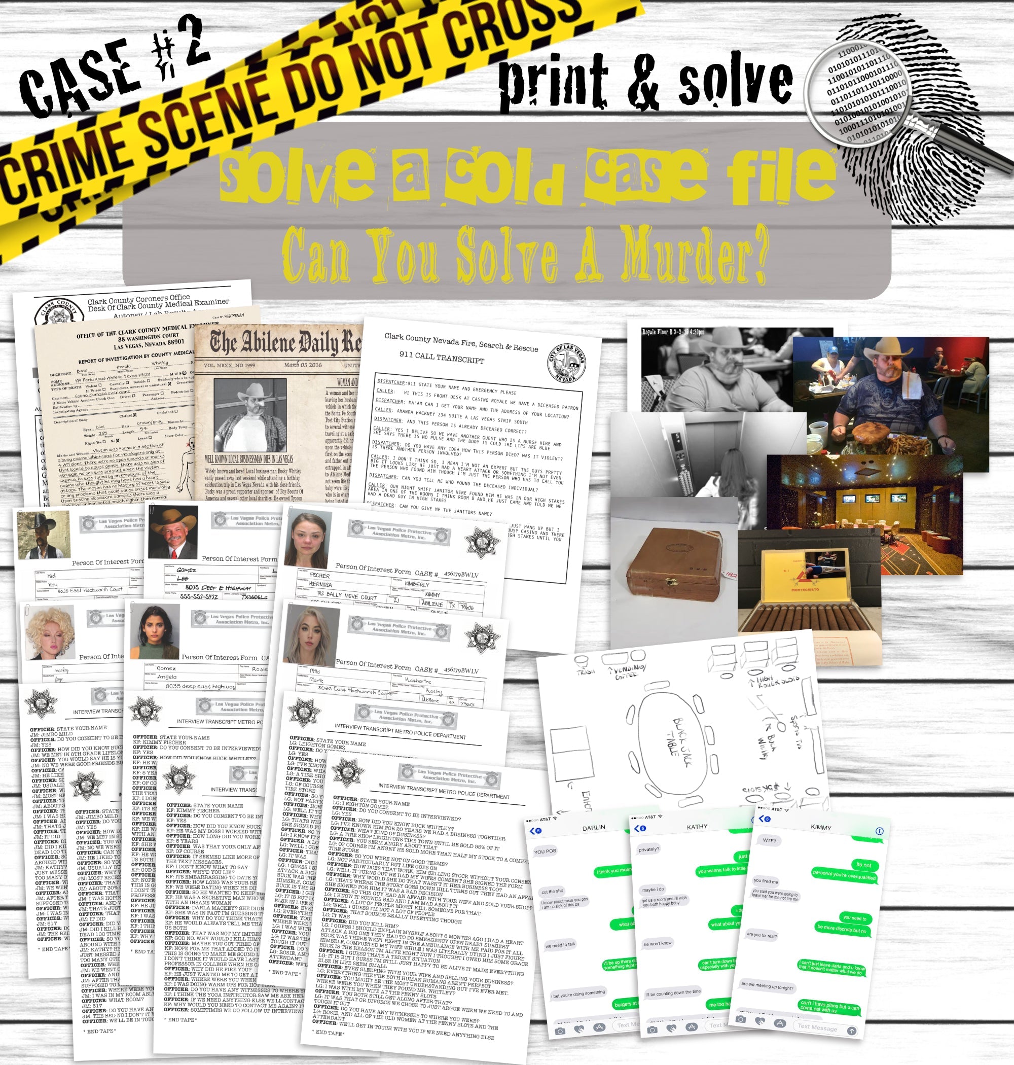 Murder Mystery Print And Solve At Home Cold Case File 2 Detective Game Buck Whitley Casino