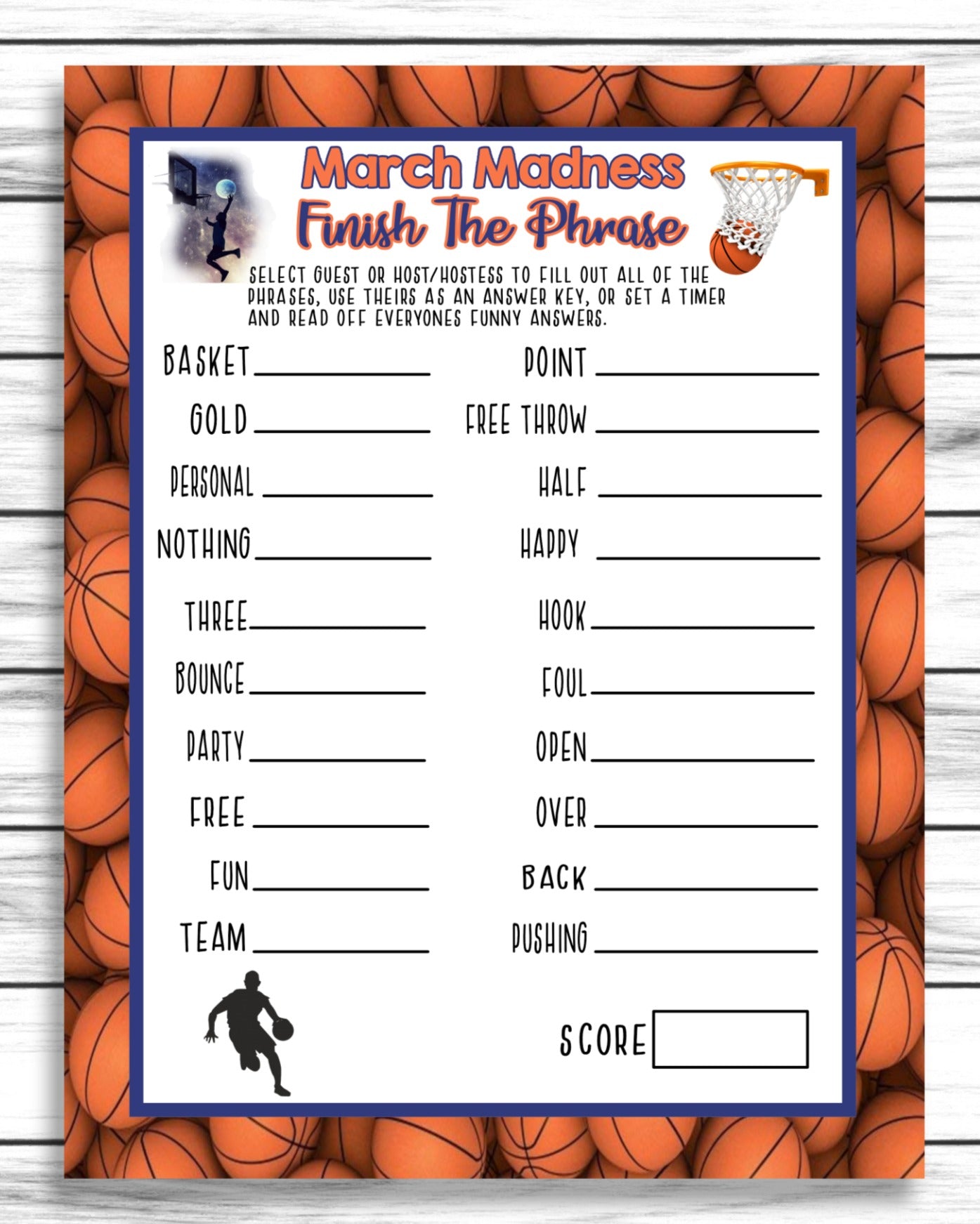 March Madness Final Four Party Word Game, College Basketball Party Game, Finish The Phrase, Printable Or Virtual Game, Instant Download