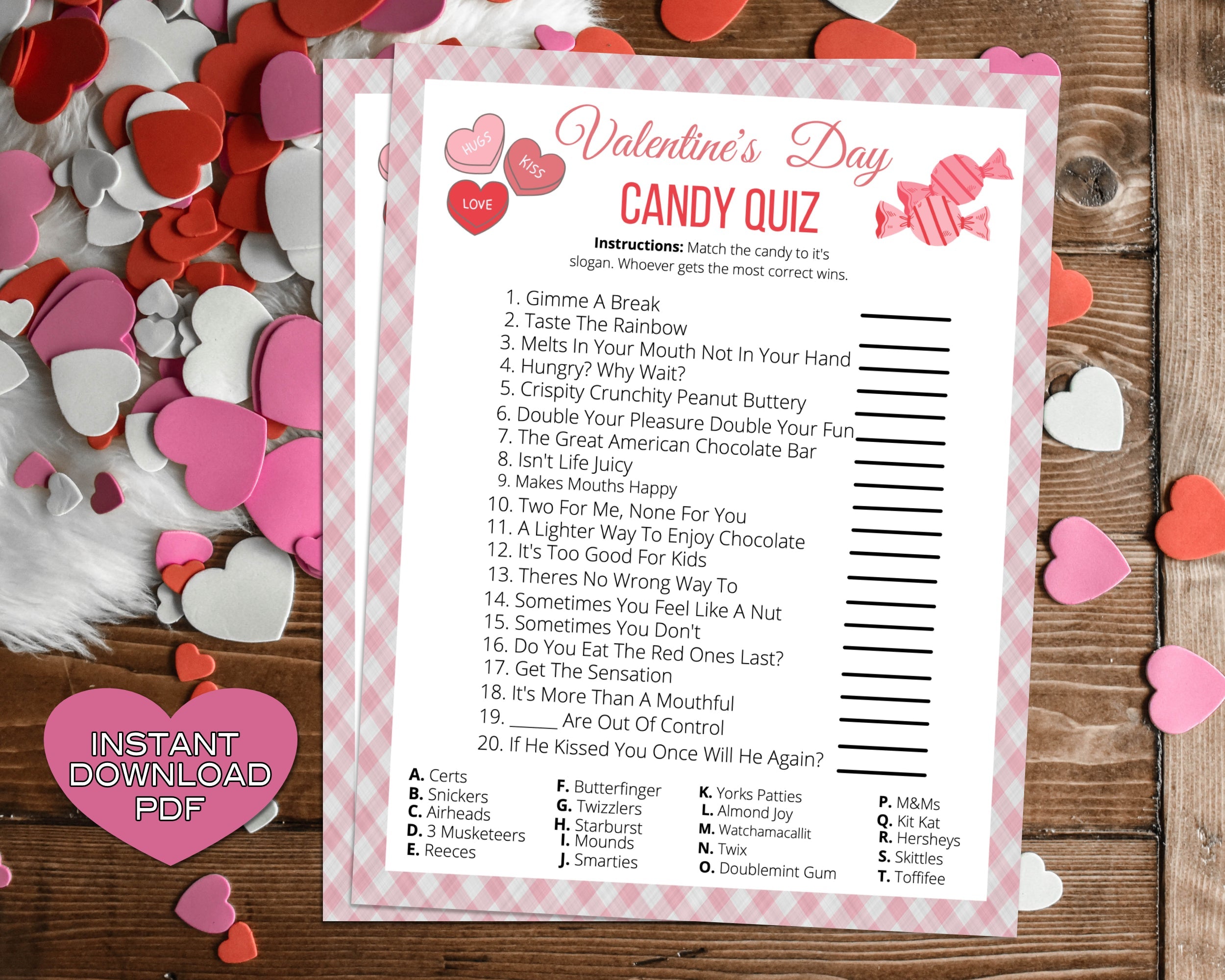 Candy Quiz Trivia Game -Classroom Office Valentines Day Party Game For Kids & Adults - Printable Or Virtual Instant Download
