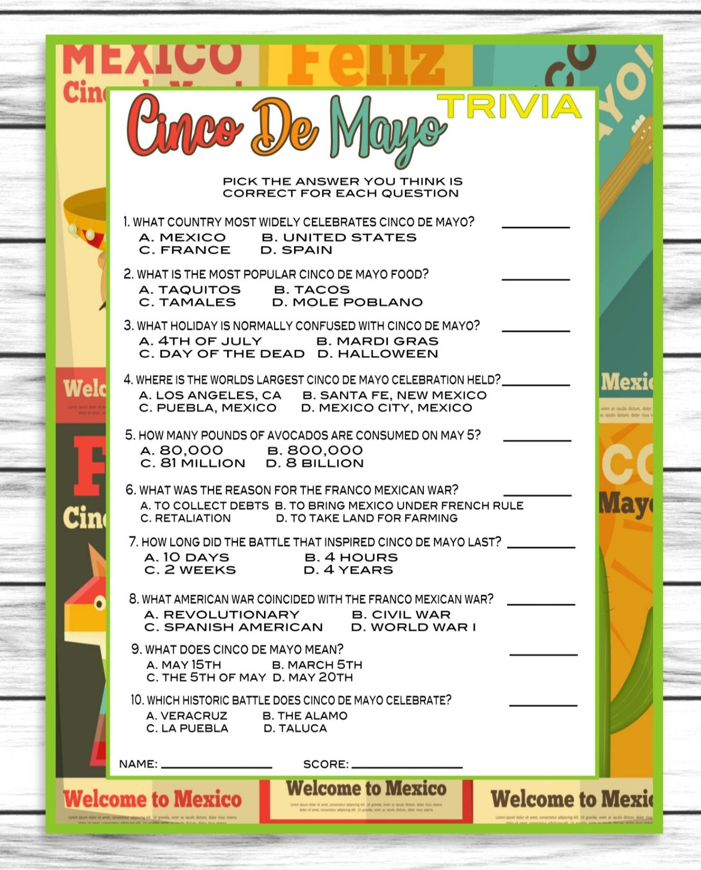 Cinco De Mayo Trivia Game, Printable Kids Activity Sheet, Instant Download