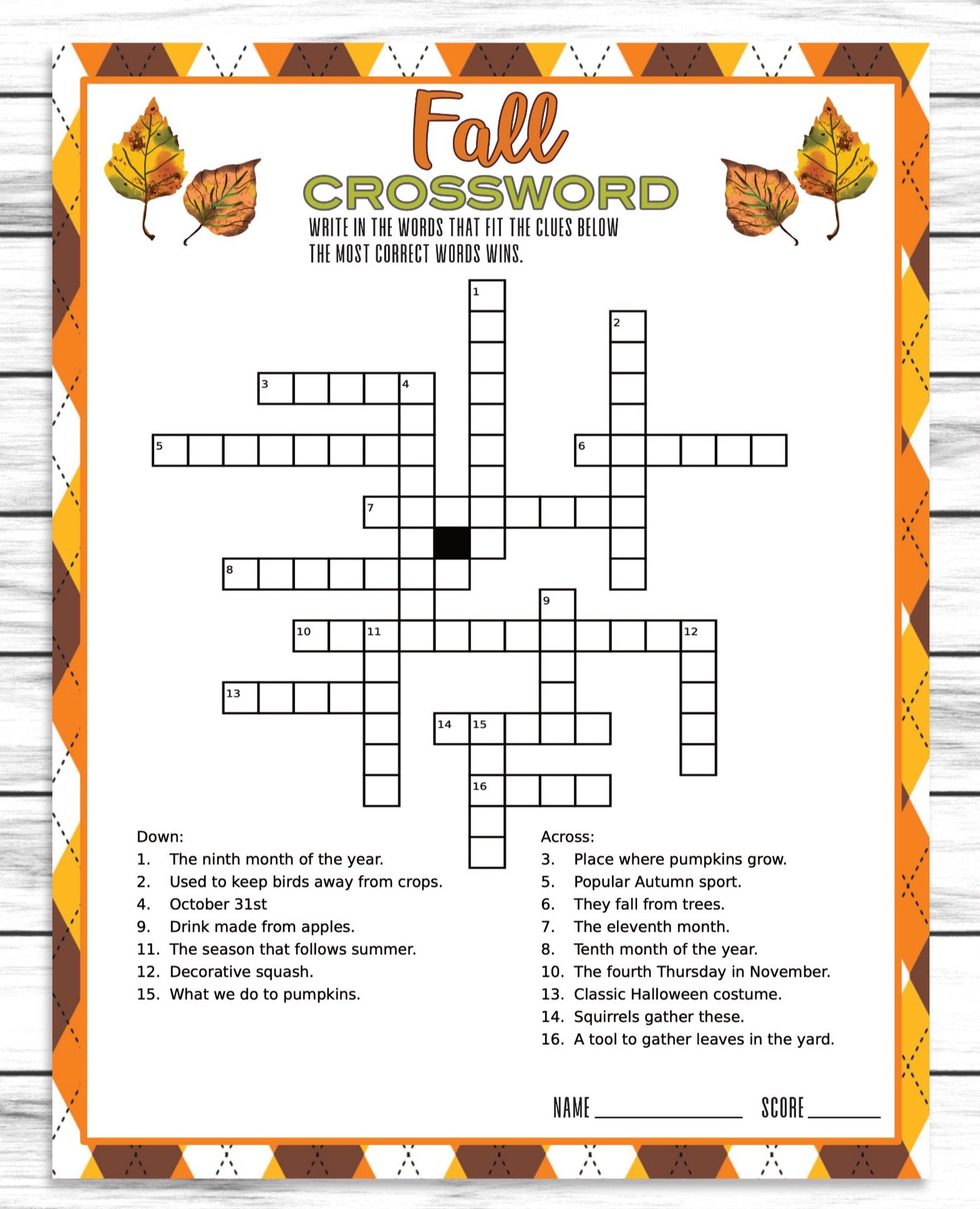 Fall Autumn Party Family Reunion Crossword Puzzle Game, Printable Kids Classroom Activity Sheet, Instant Download
