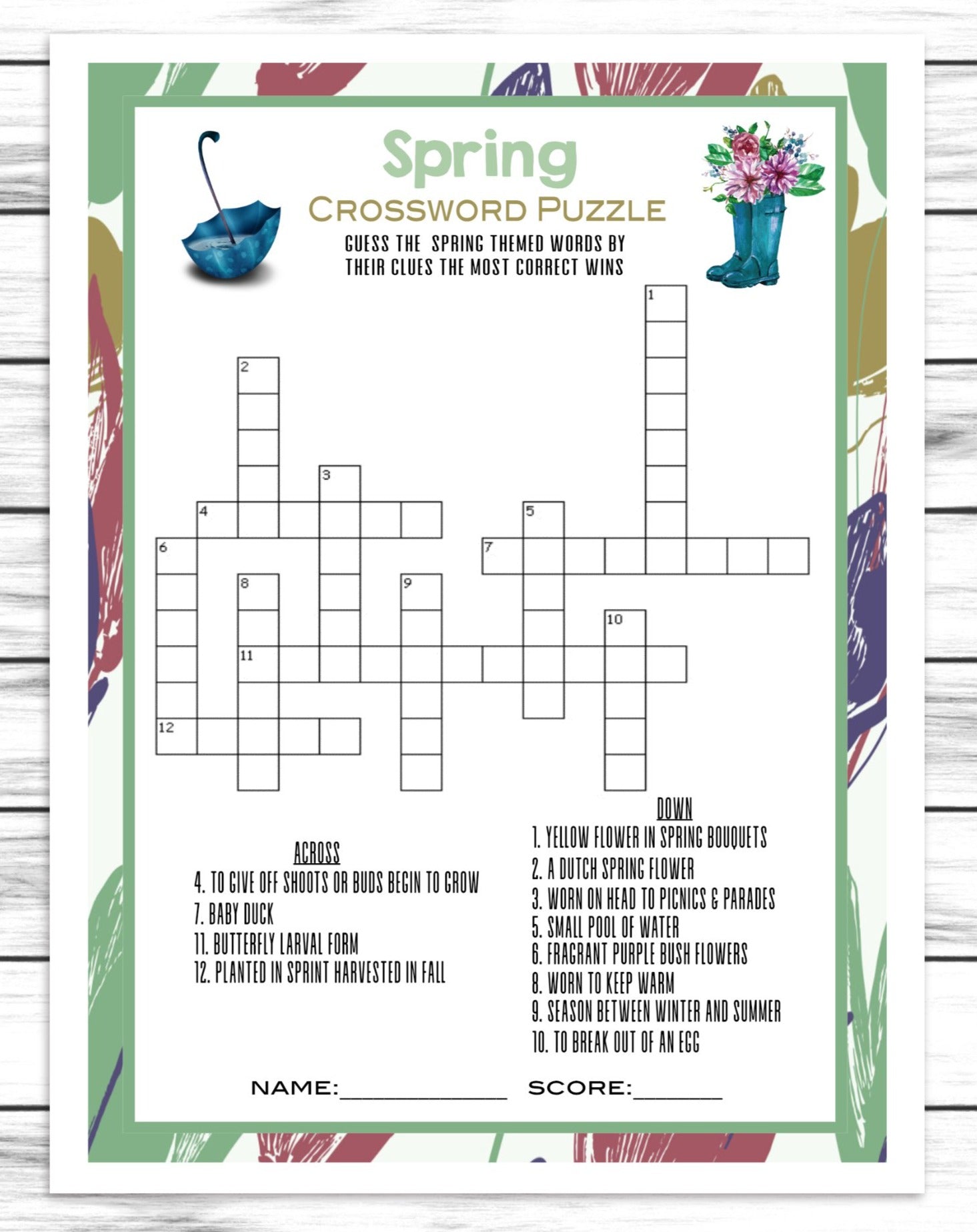 Spring Party Crossword Puzzle, Kids Or Adults Spring Printable Or Virtual Word Game