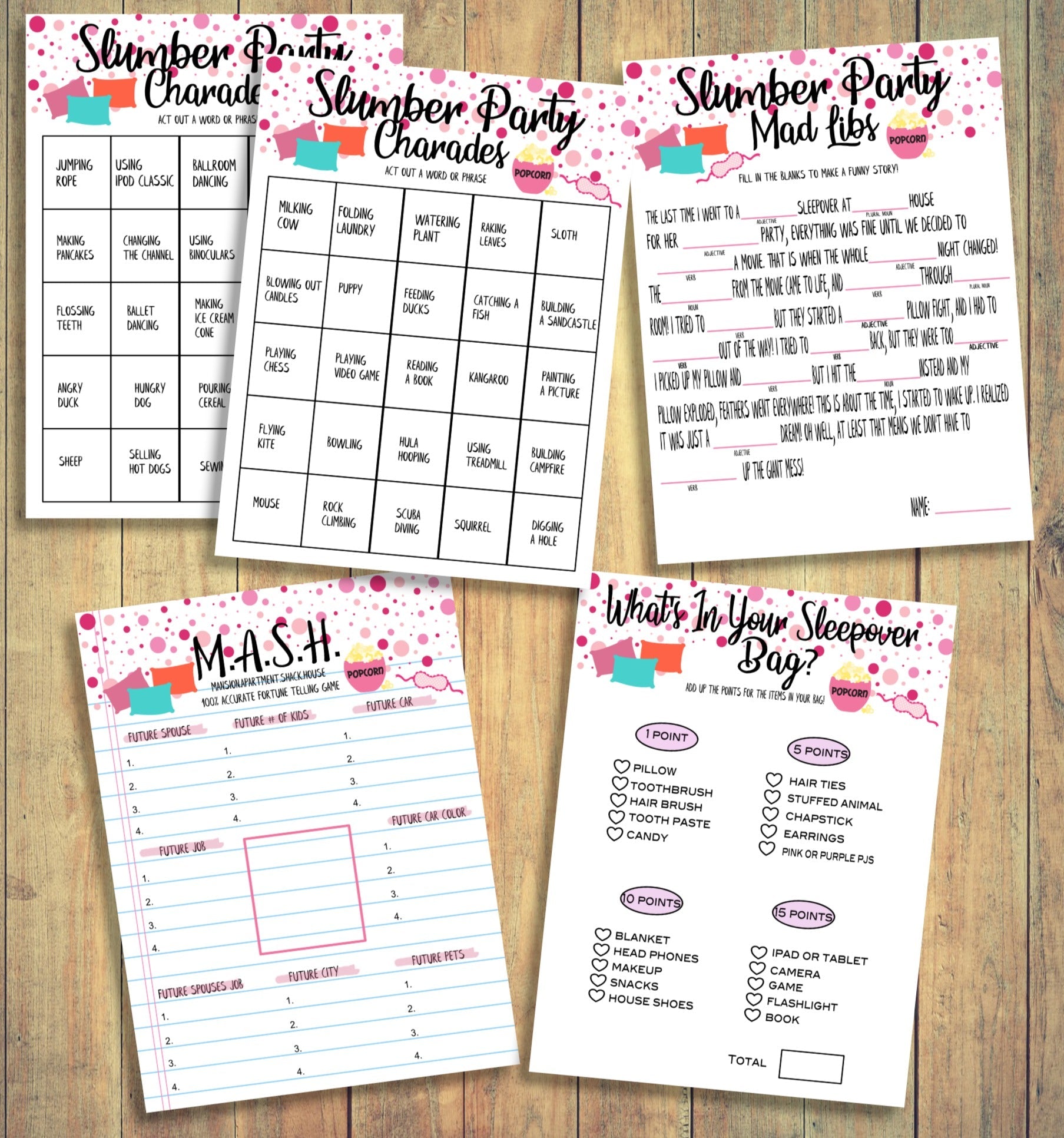 Girls Birthday Party Sleepover Slumber Party Games, Teen Birthday Games, MASH, Charades, Mad Libs