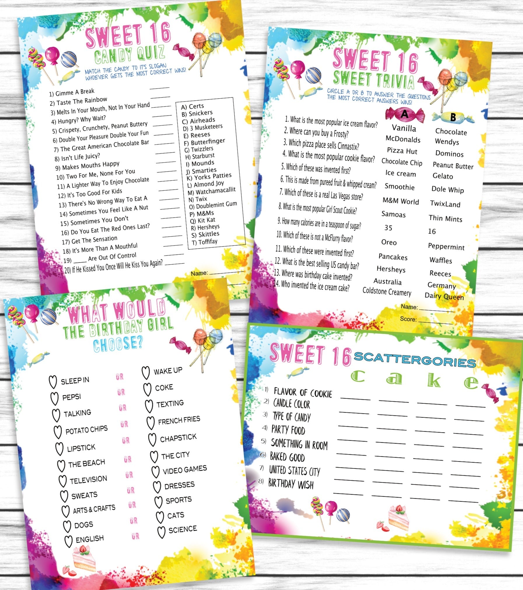 Sweet Sixteen Birthday Party Idea, Printable Sweet 16 Tie Dye Games, Instant Download