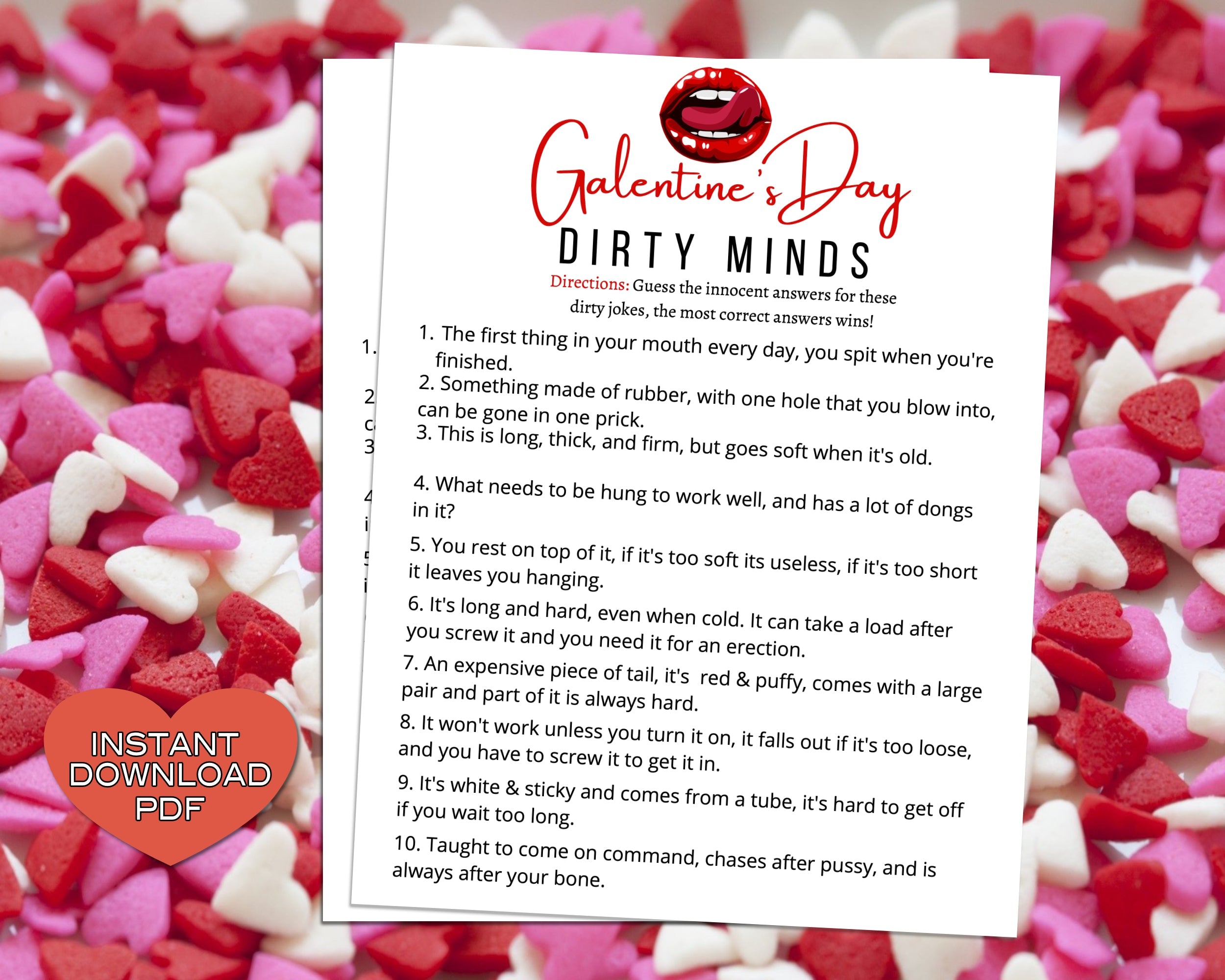 Galentines Day Dirty Minds Game -Fun Party Game - Ladies Night Out - Girls Night In - Dirty Minds Naughty Trivia Quiz - Instant Download