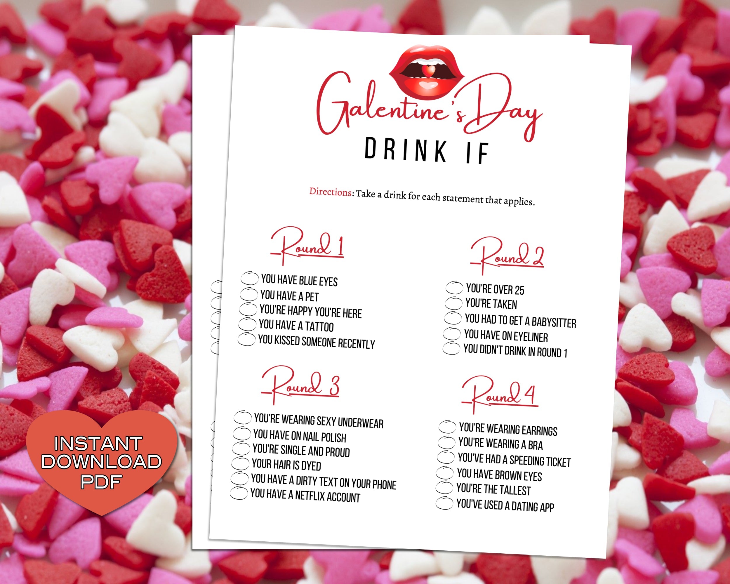 Galentines Day Drink If Game -Fun Party Game - Ladies Night Out - Girls Night In - Singles Night Party Game - Never Ever Instant Download